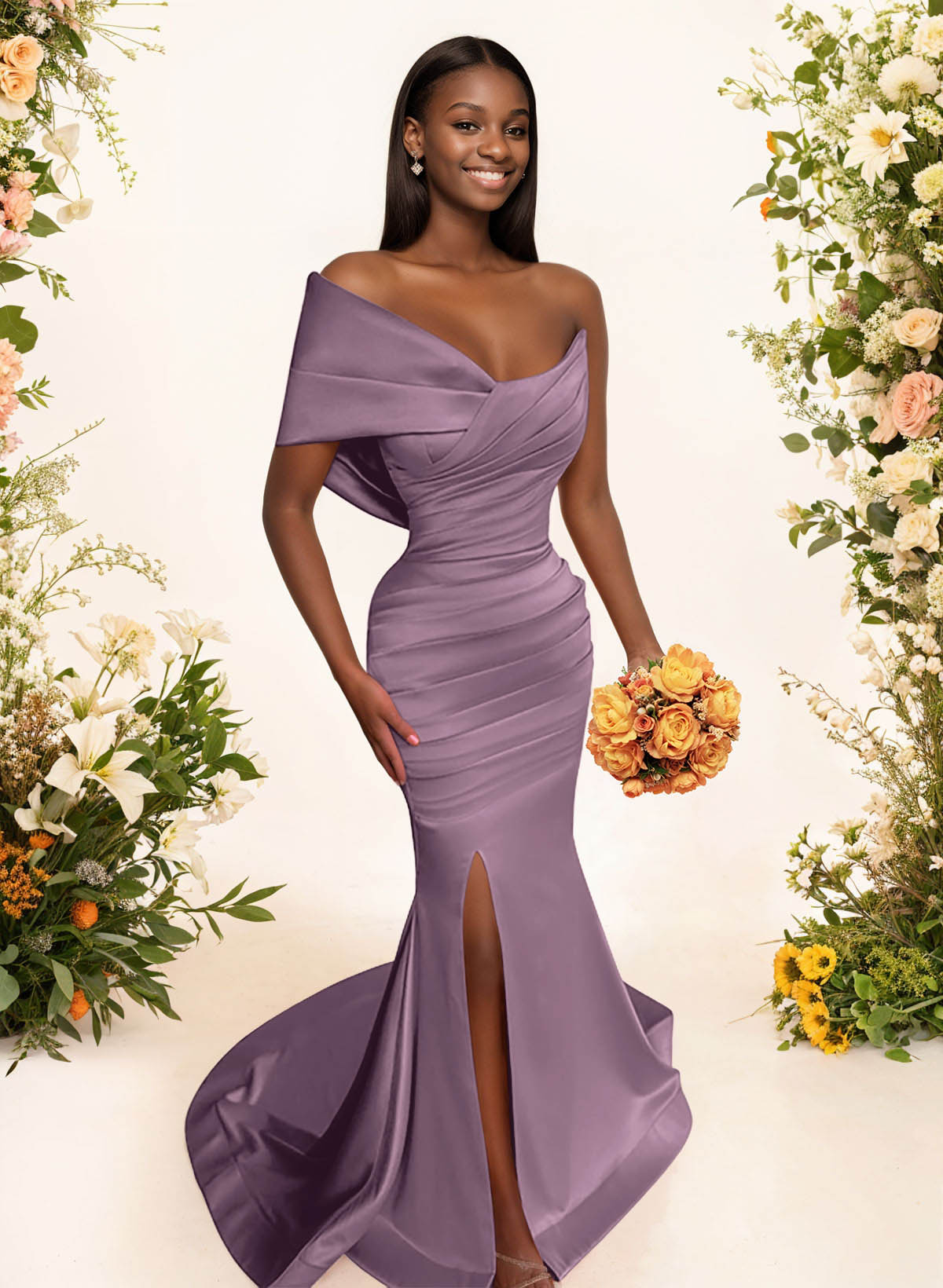 One-Shoulder Sleeveless Sweep Train Satin Bridesmaid Dresses With Split Front, product image 72