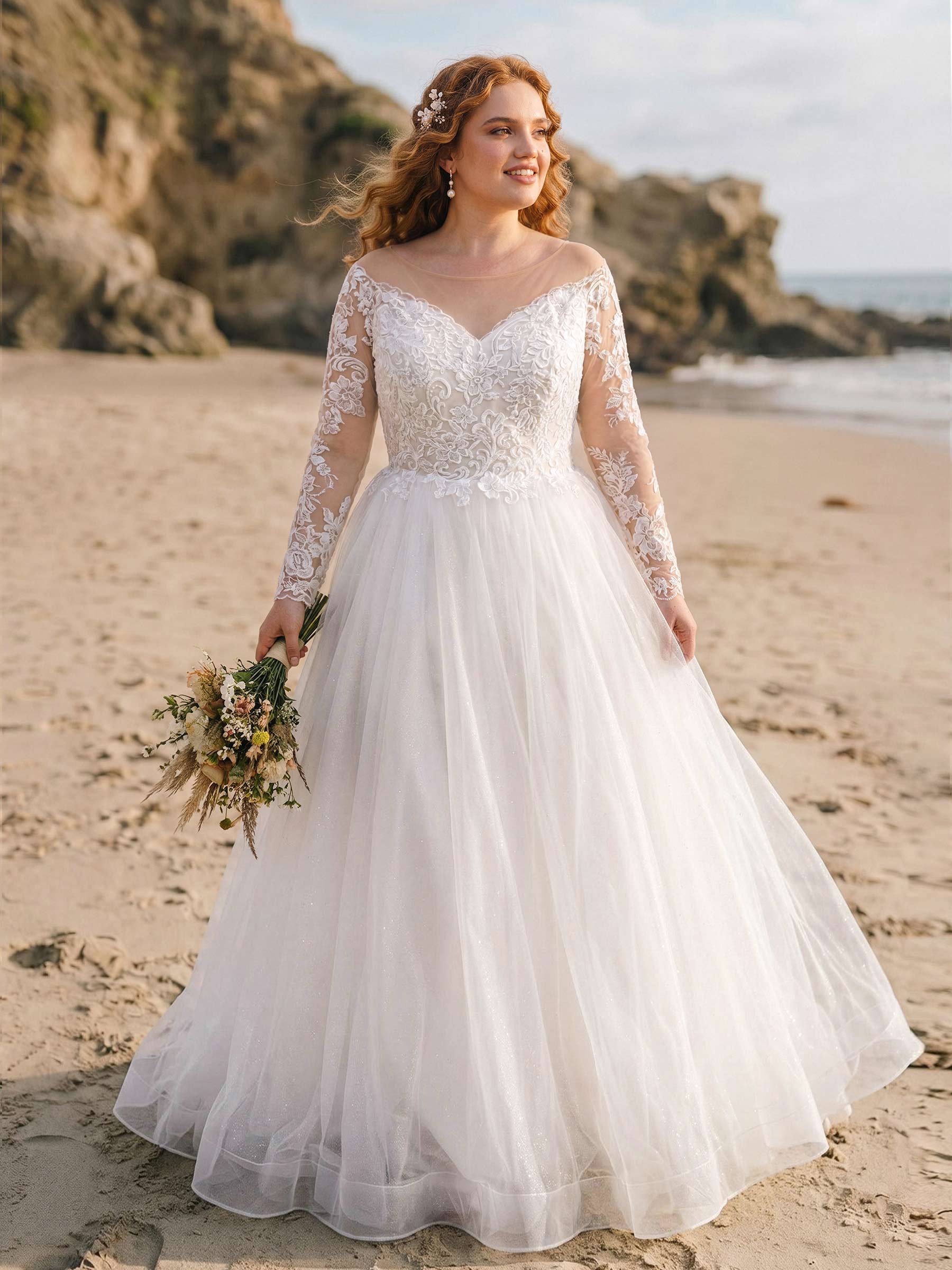 Classy Ball-Gown Illusion Neck Long Sleeves Lace/Tulle Wedding Dresses
