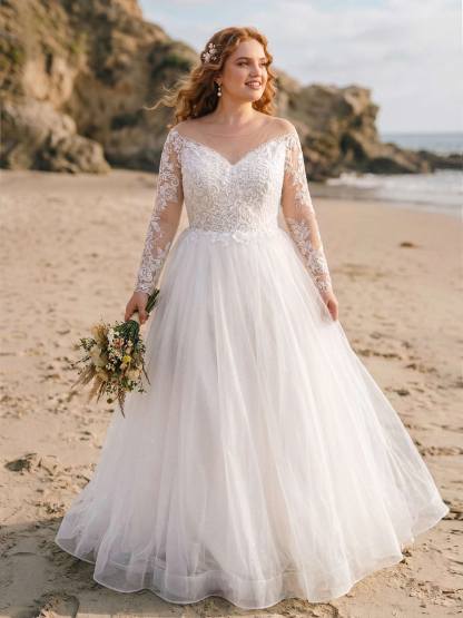 Classy Ball-Gown Illusion Neck Long Sleeves Lace/Tulle Wedding Dresses
