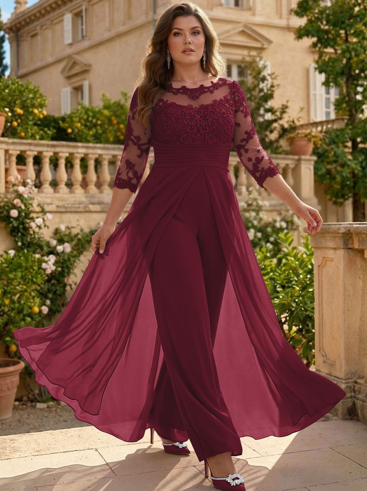 Jumpsuit/Pantsuit Scoop Neck 3/4 Sleeves Detachable Chiffon Mother Of The Bride Dresses With Lace