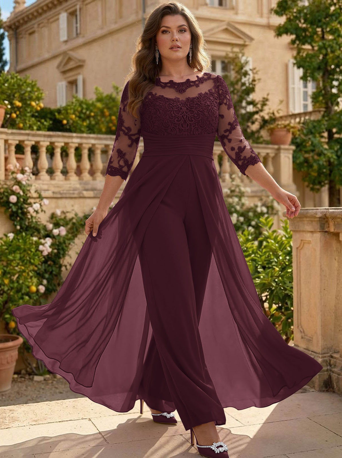 Jumpsuit/Pantsuit Scoop Neck 3/4 Sleeves Detachable Chiffon Mother Of The Bride Dresses With Lace