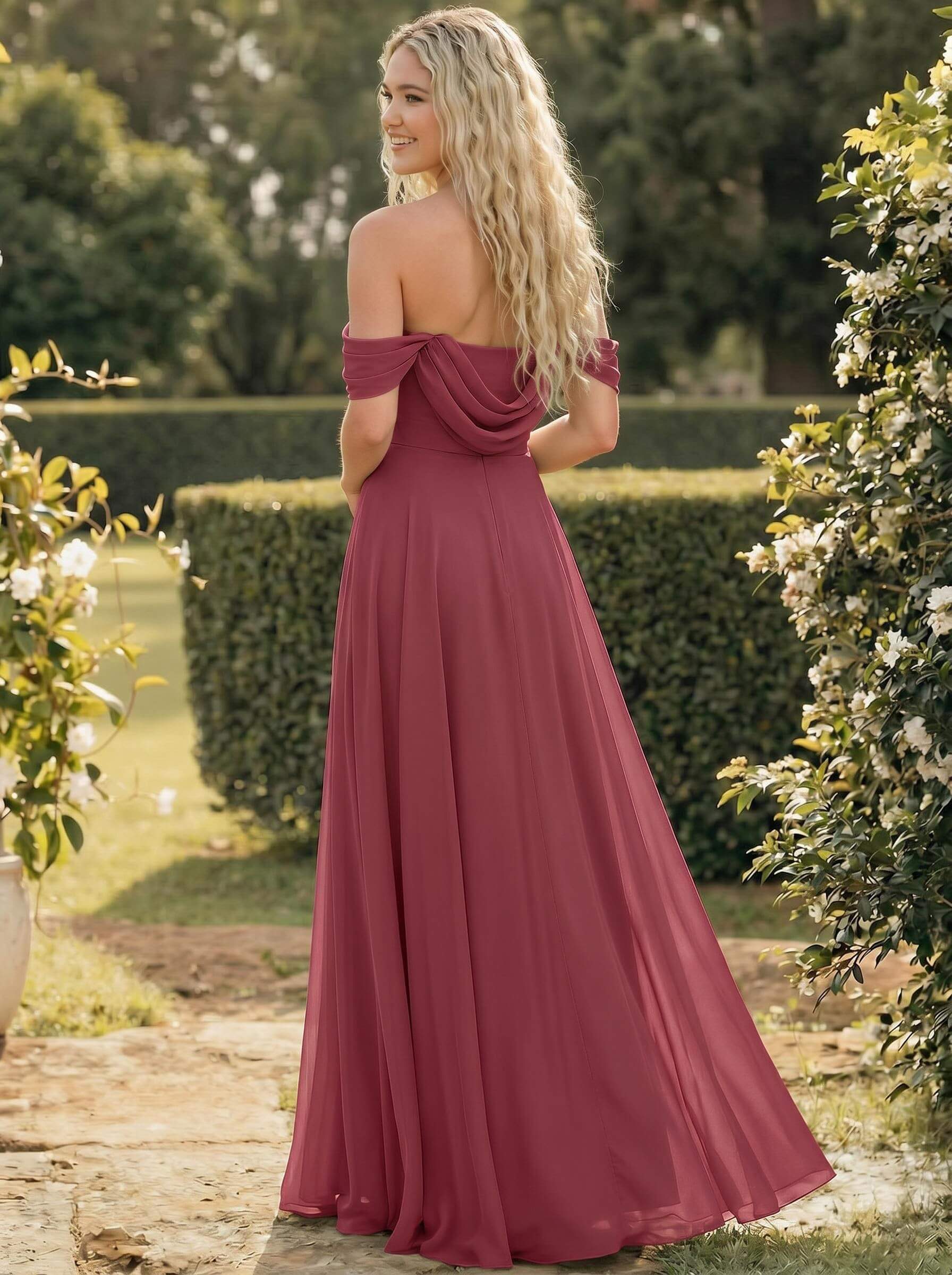 A-Line Off-The-Shoulder Sleeveless Floor-Length Chiffon Bridesmaid Dresses With Split Front, product image 48