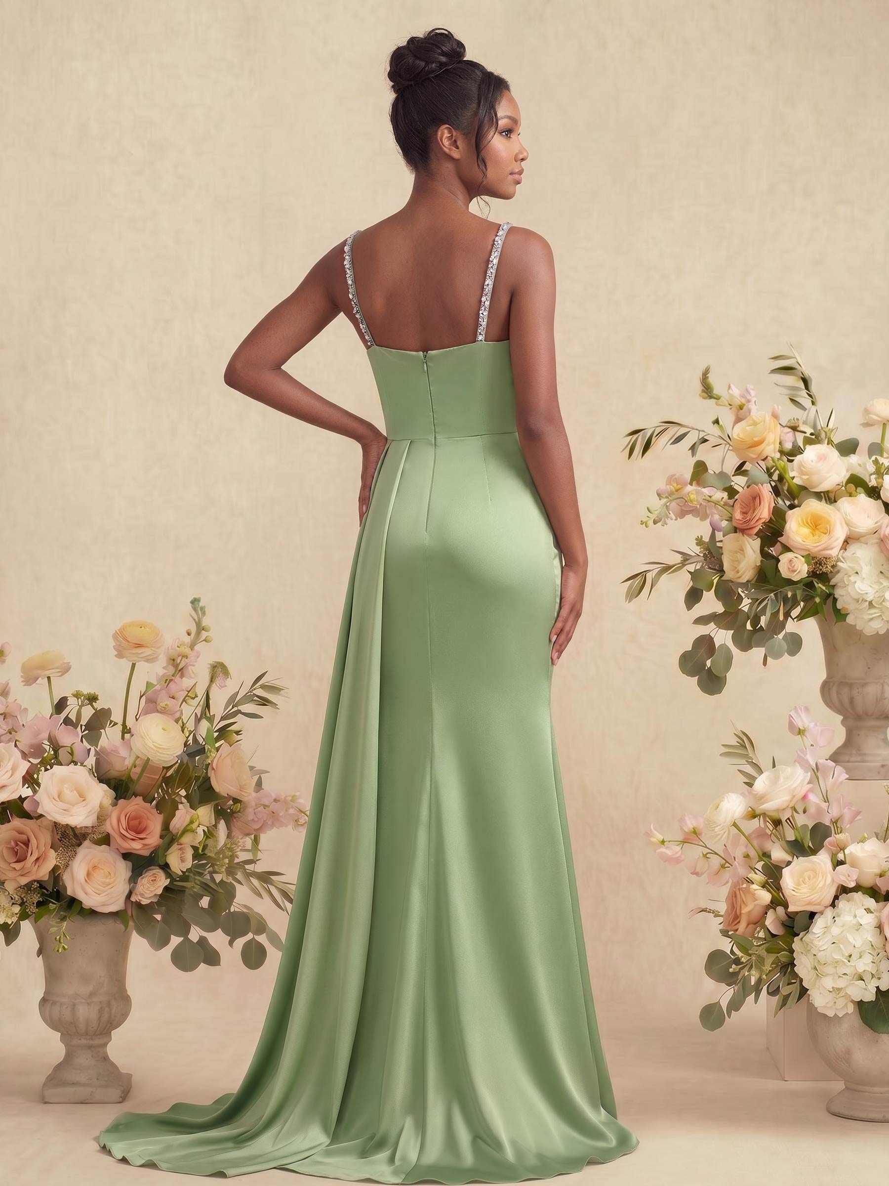 Sheath/Column Square Neckline Sleeveless Soft Satin Bridesmaid Dresses With Rhinestone