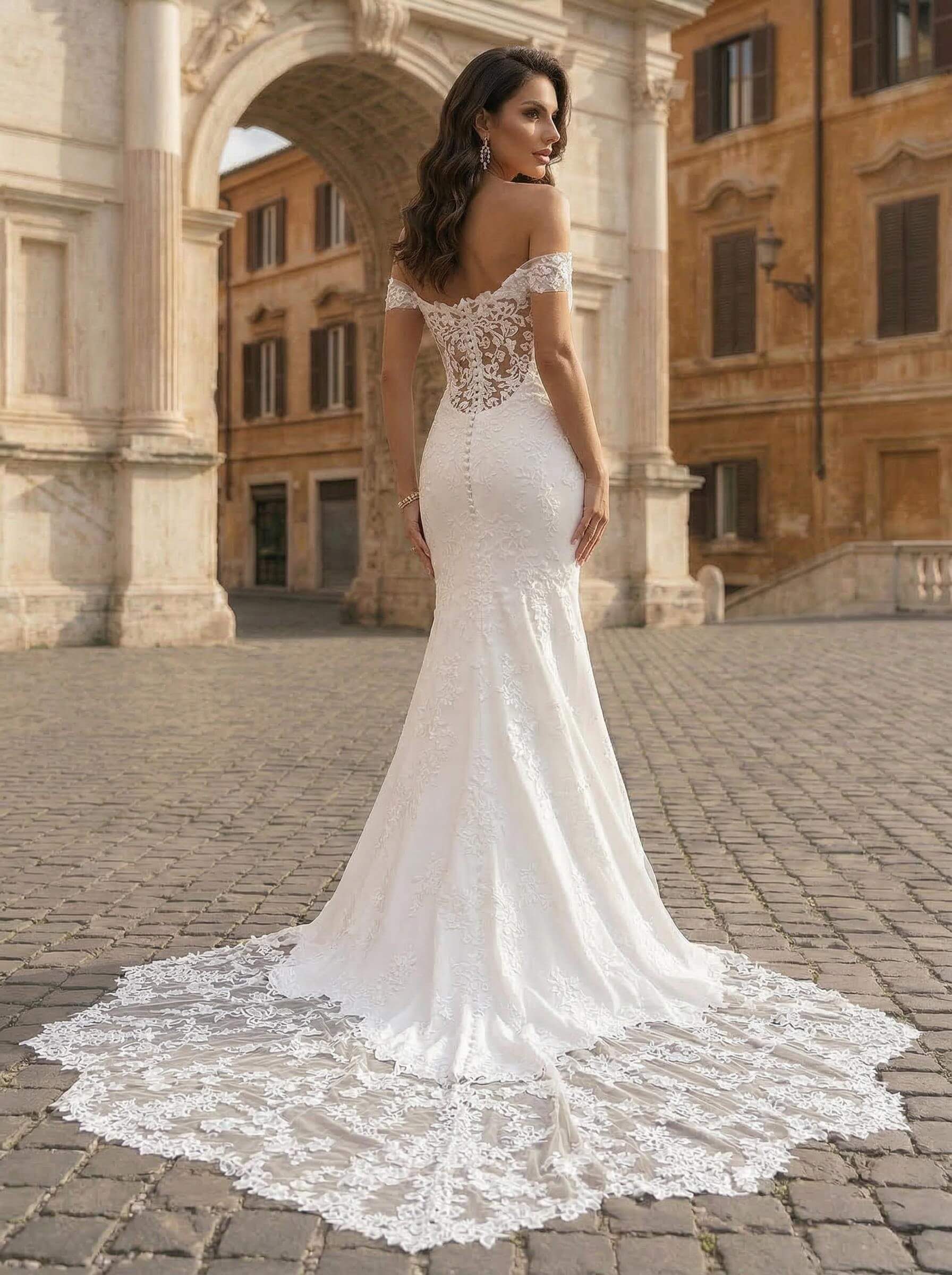 Trumpet/Mermaid Off The Shoulder Satin Lace Chapel Train Wedding Dresses With Lace, image 1