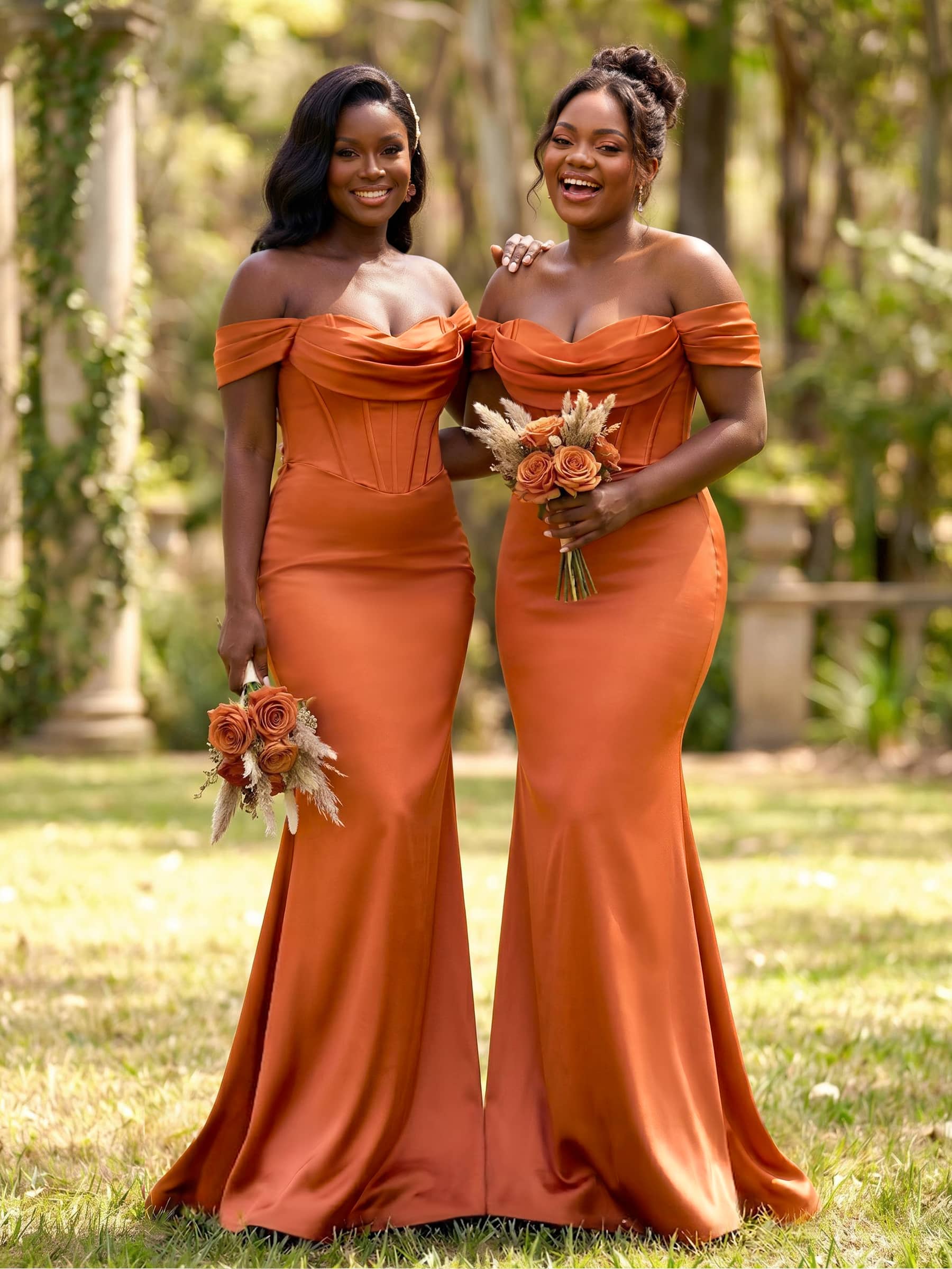 Elegant Trumpet/Mermaid Off-The-Shoulder Sleeveless Sweep Train Satin Bridesmaid Dresses in Burnt Orange, US2
