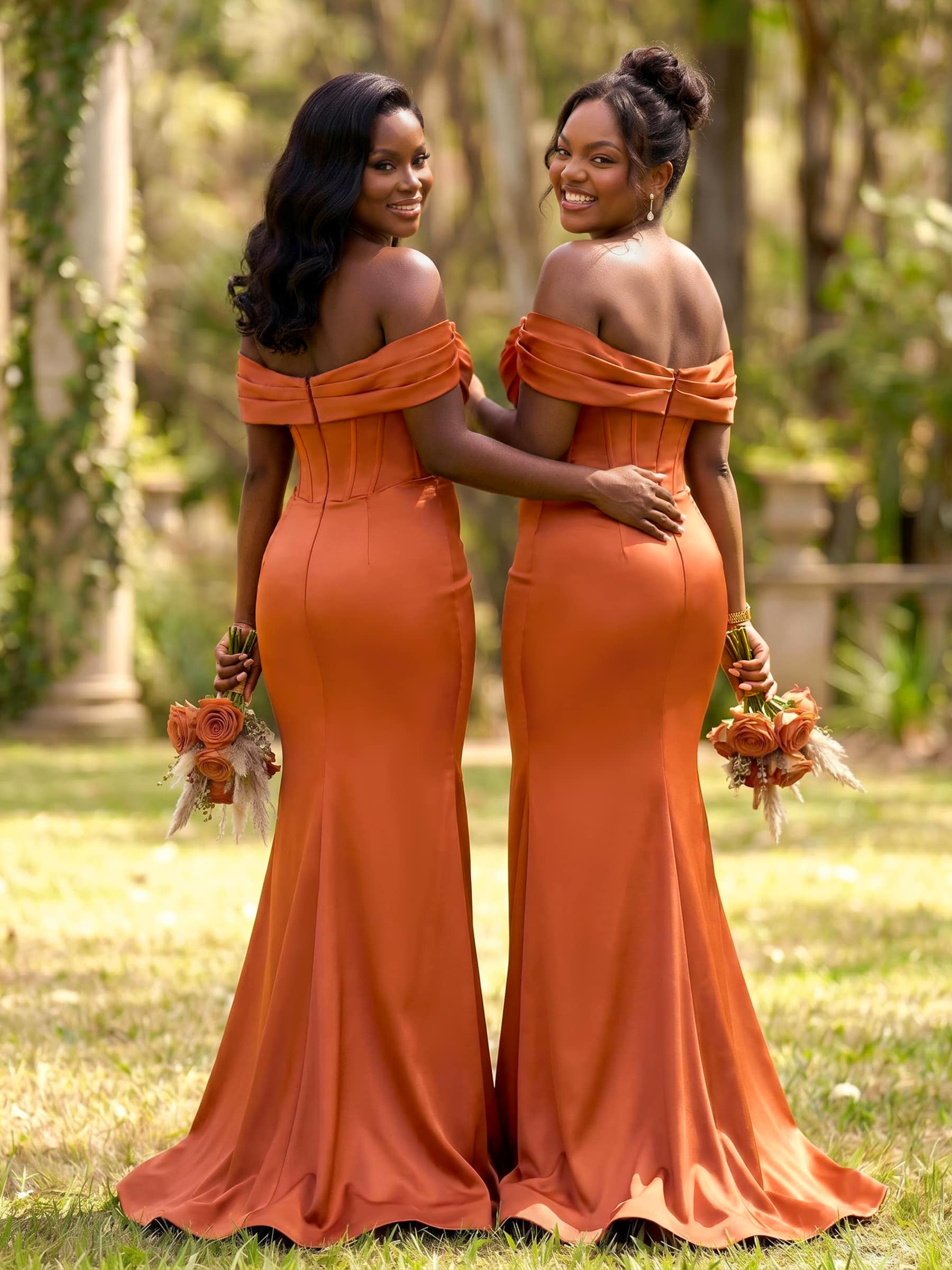 Elegant Trumpet/Mermaid Off-The-Shoulder Sleeveless Sweep Train Satin Bridesmaid Dresses, product image 2