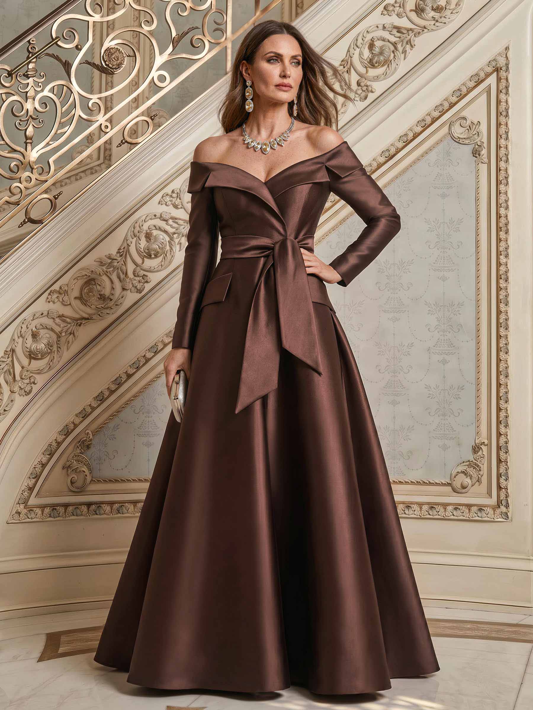 A-Line Off-The-Shoulder Long Sleeves Floor-Length Satin Mother Of The Bride Dresses With Bow(s)