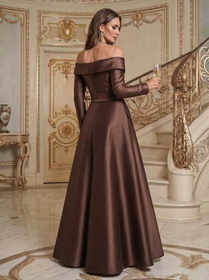 A-Line Off-The-Shoulder Long Sleeves Floor-Length Satin Mother Of The Bride Dresses With Bow(s)