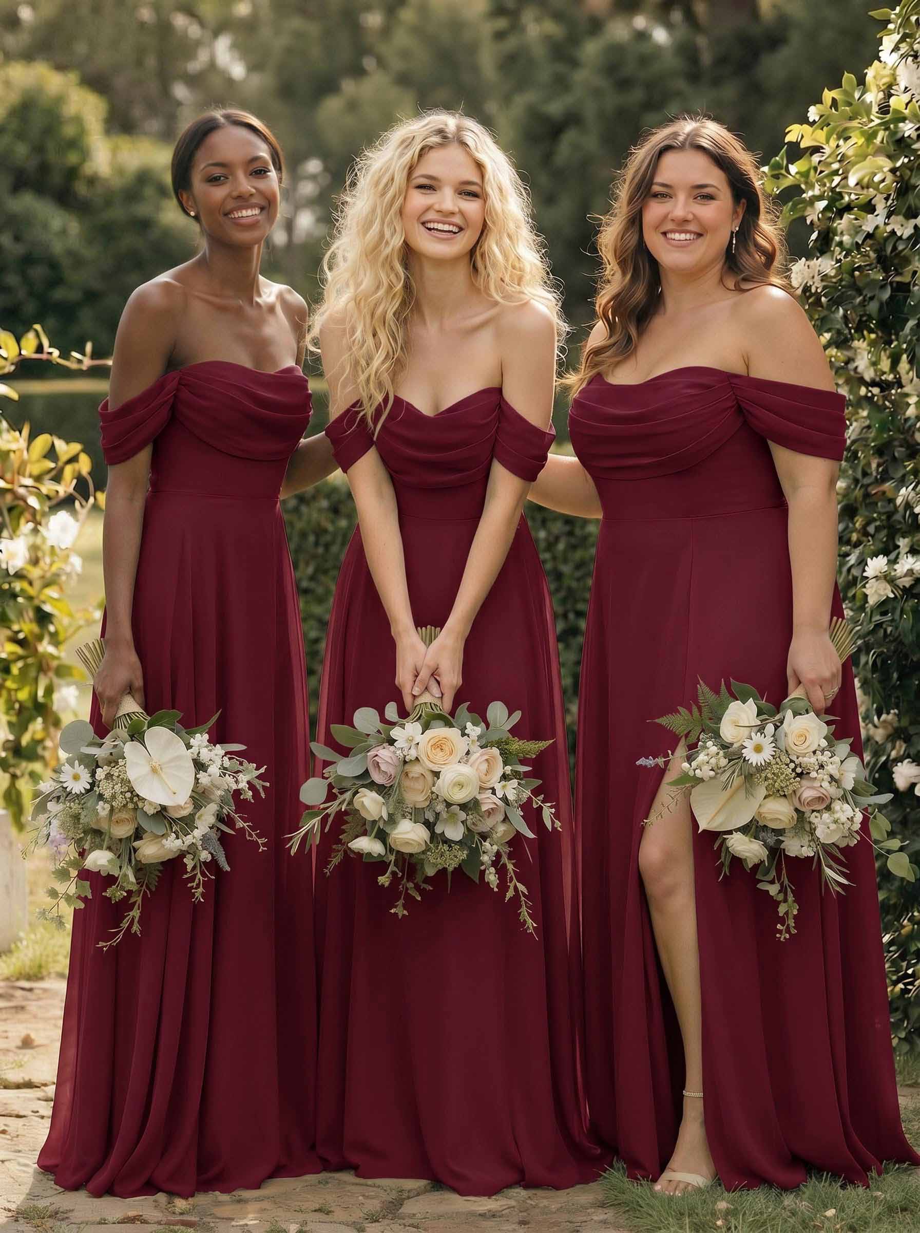 A-Line Off-The-Shoulder Sleeveless Floor-Length Chiffon Bridesmaid Dresses With Split Front, product image 43