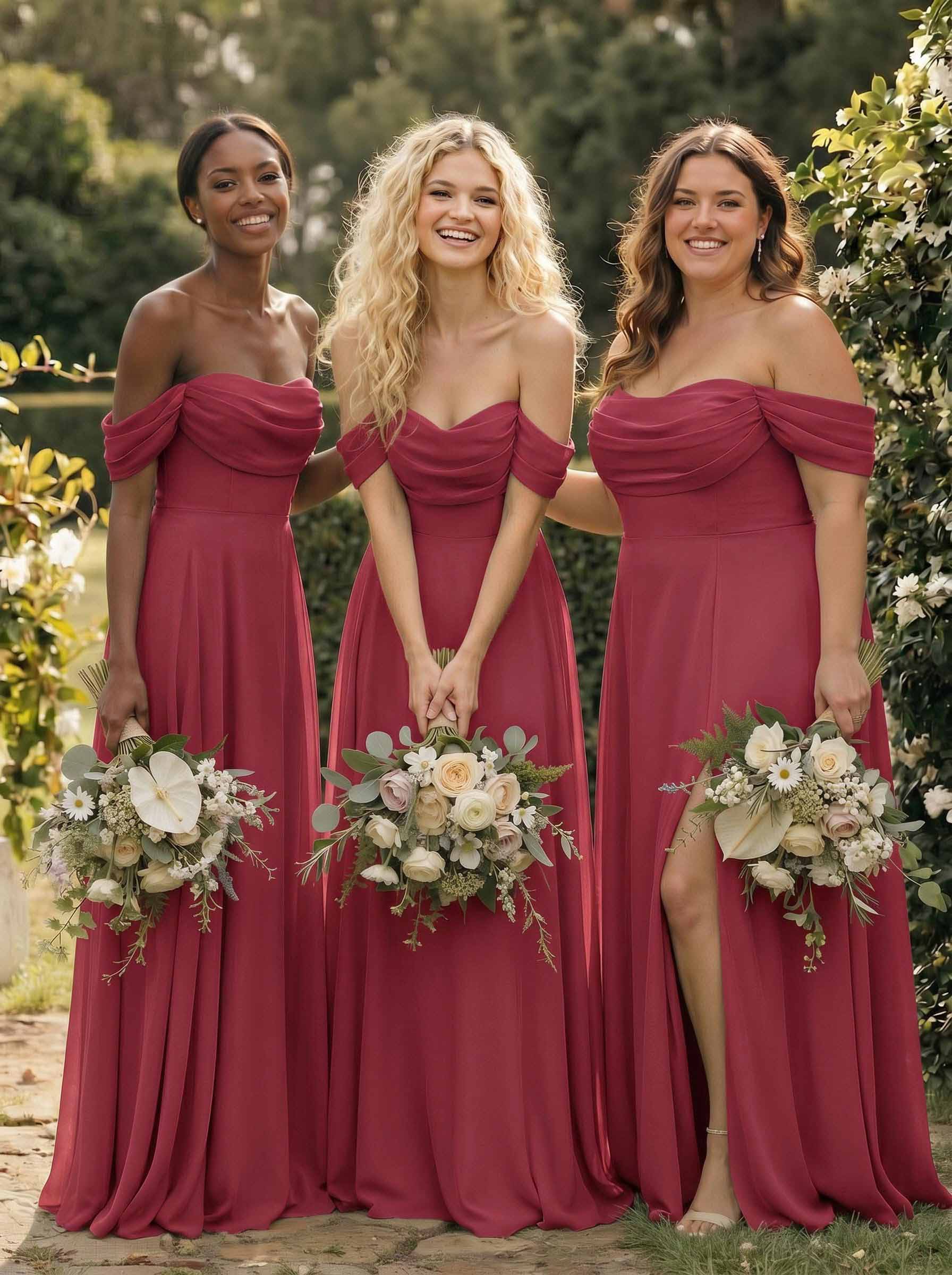 A-Line Off-The-Shoulder Sleeveless Floor-Length Chiffon Bridesmaid Dresses With Split Front, product image 46