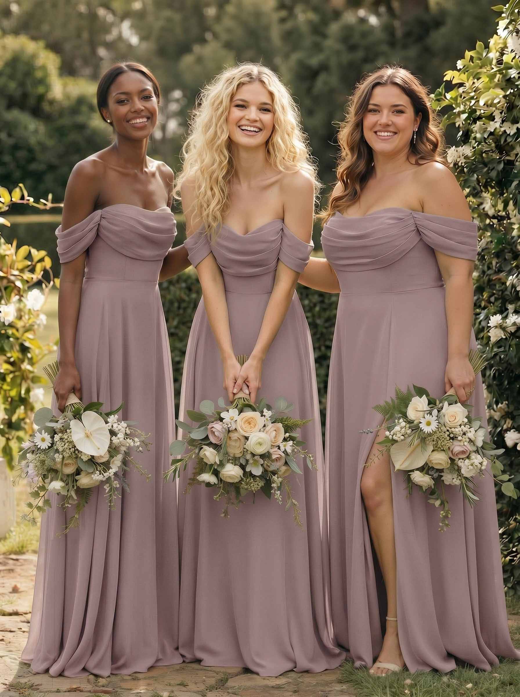A-Line Off-The-Shoulder Sleeveless Floor-Length Chiffon Bridesmaid Dresses With Split Front, product image 82