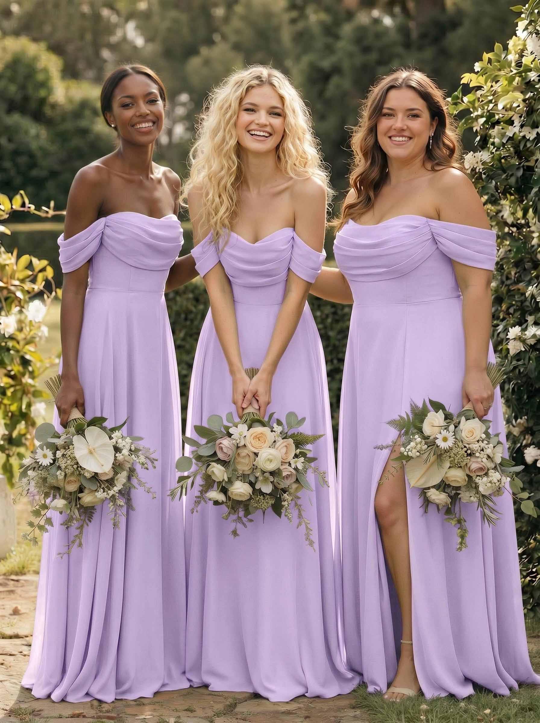A-Line Off-The-Shoulder Sleeveless Floor-Length Chiffon Bridesmaid Dresses With Split Front, product image 94