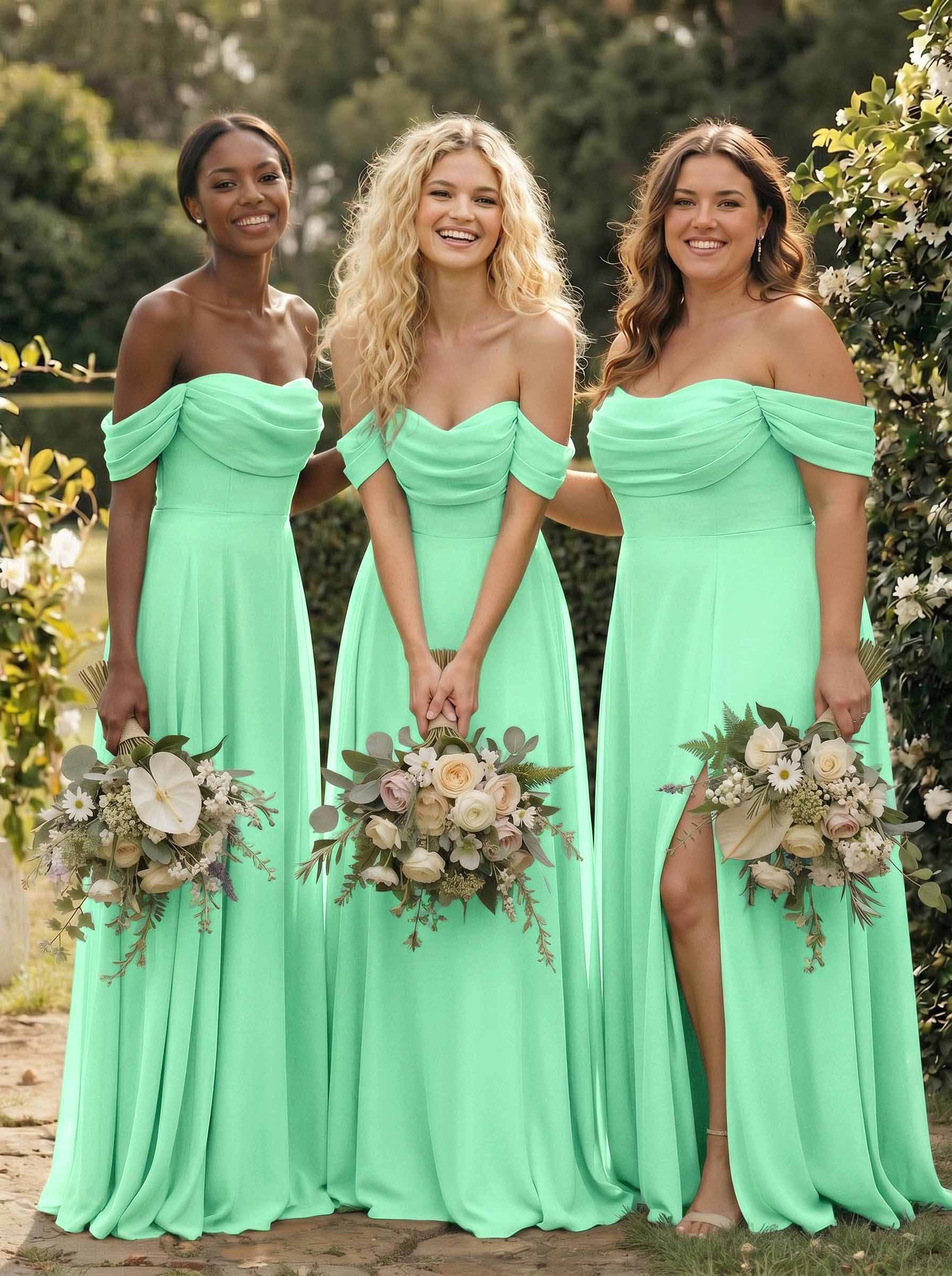 A-Line Off-The-Shoulder Sleeveless Floor-Length Chiffon Bridesmaid Dresses With Split Front, product image 139
