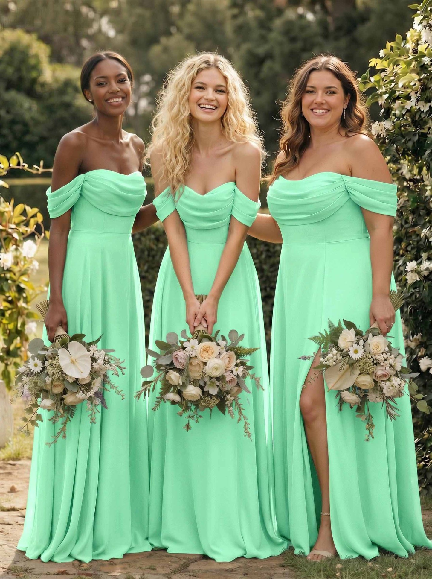 A-Line Off-The-Shoulder Sleeveless Floor-Length Chiffon Bridesmaid Dresses With Split Front, product image 139