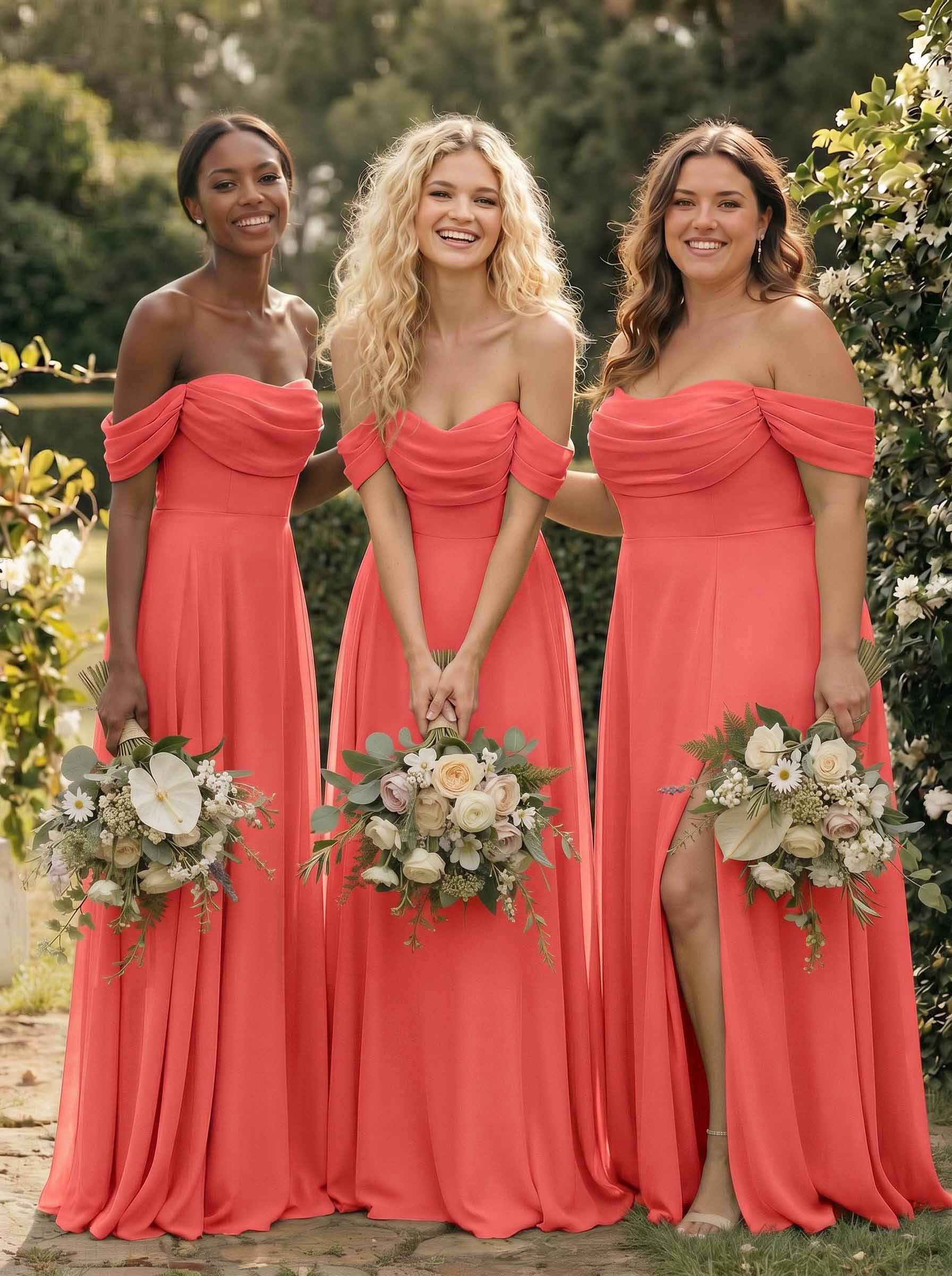 A-Line Off-The-Shoulder Sleeveless Floor-Length Chiffon Bridesmaid Dresses With Split Front, product image 160