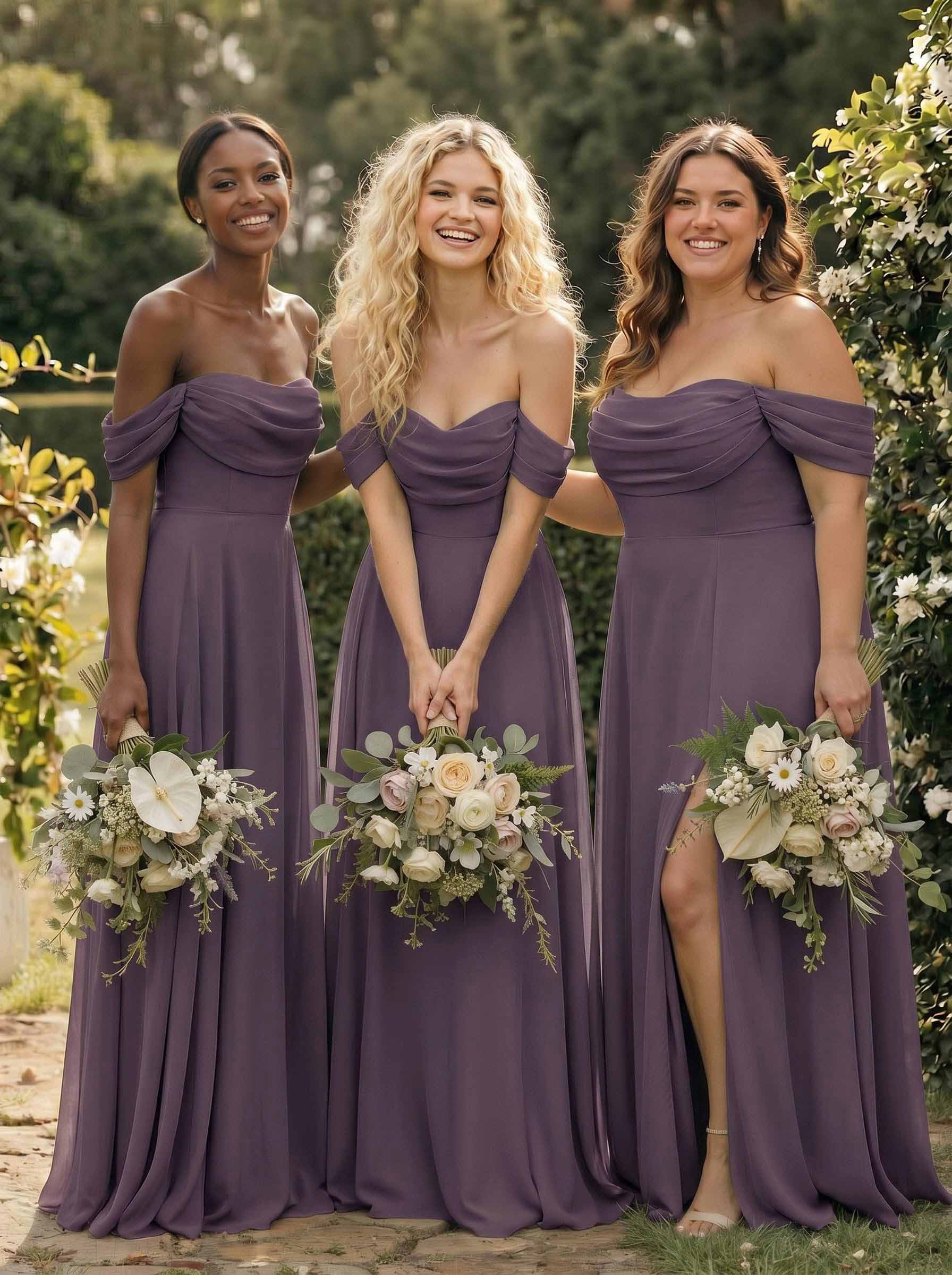 A-Line Off-The-Shoulder Sleeveless Floor-Length Chiffon Bridesmaid Dresses With Split Front, product image 103