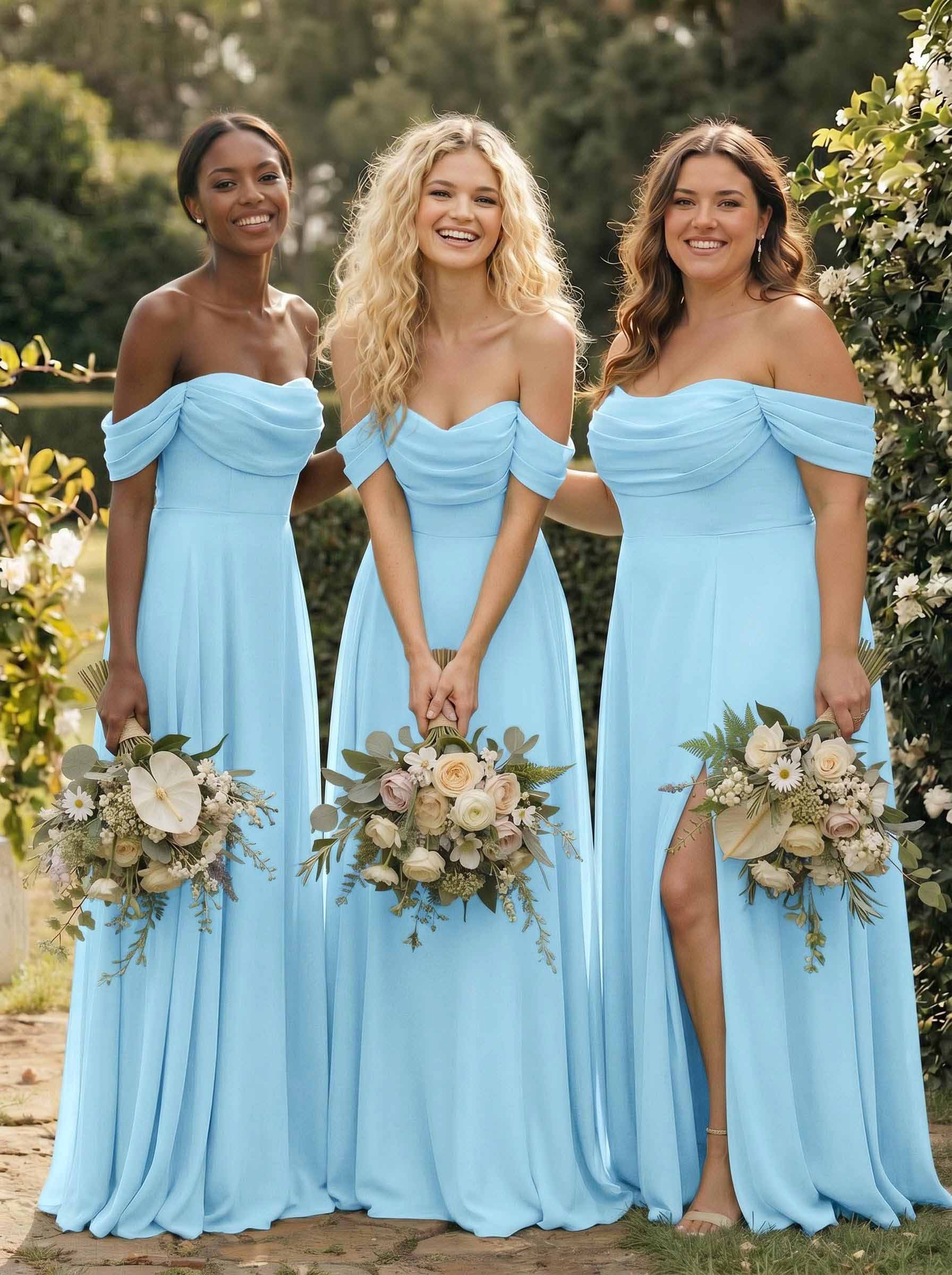 A-Line Off-The-Shoulder Sleeveless Floor-Length Chiffon Bridesmaid Dresses With Split Front, product image 34
