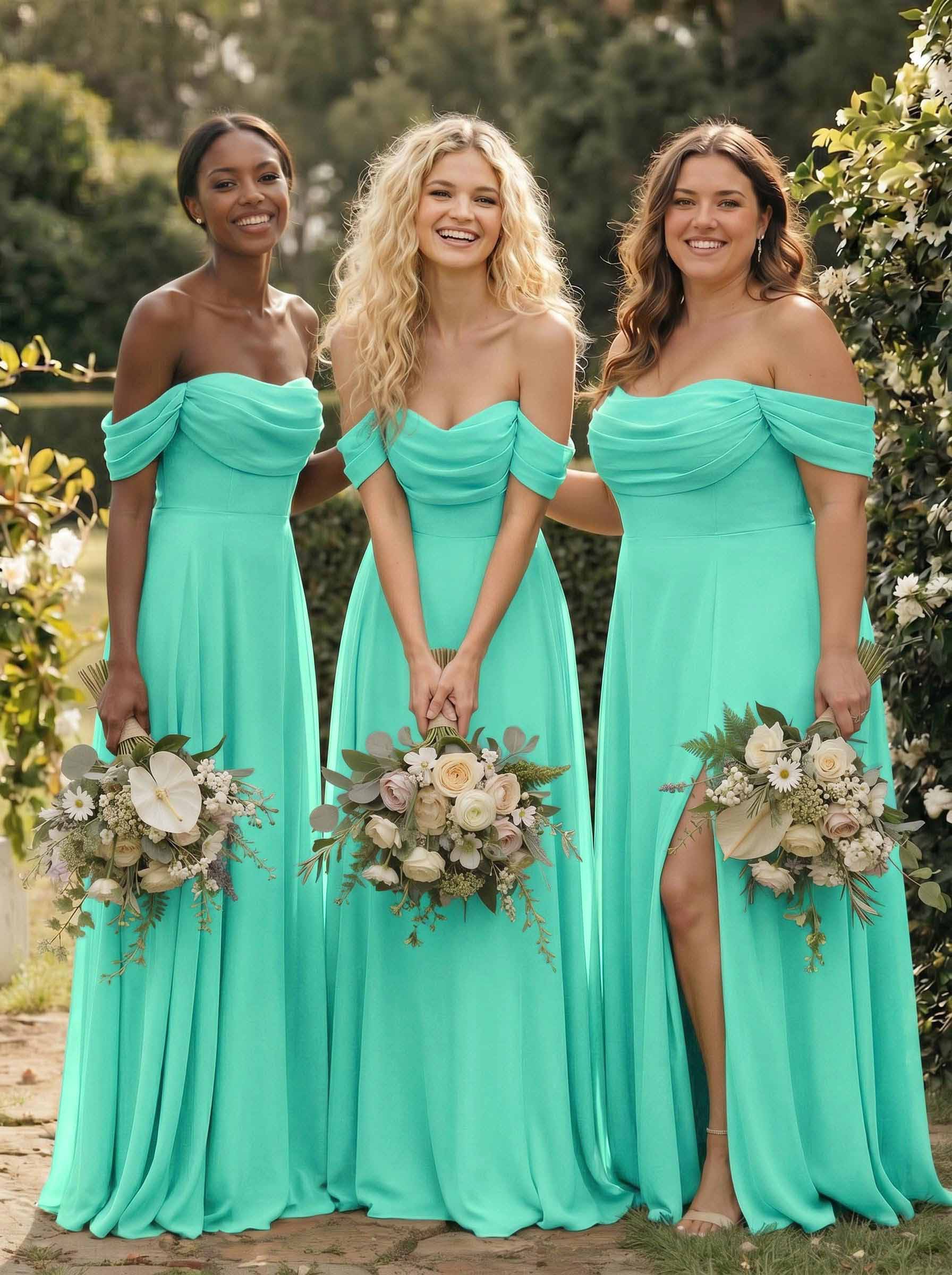 A-Line Off-The-Shoulder Sleeveless Floor-Length Chiffon Bridesmaid Dresses With Split Front, product image 142