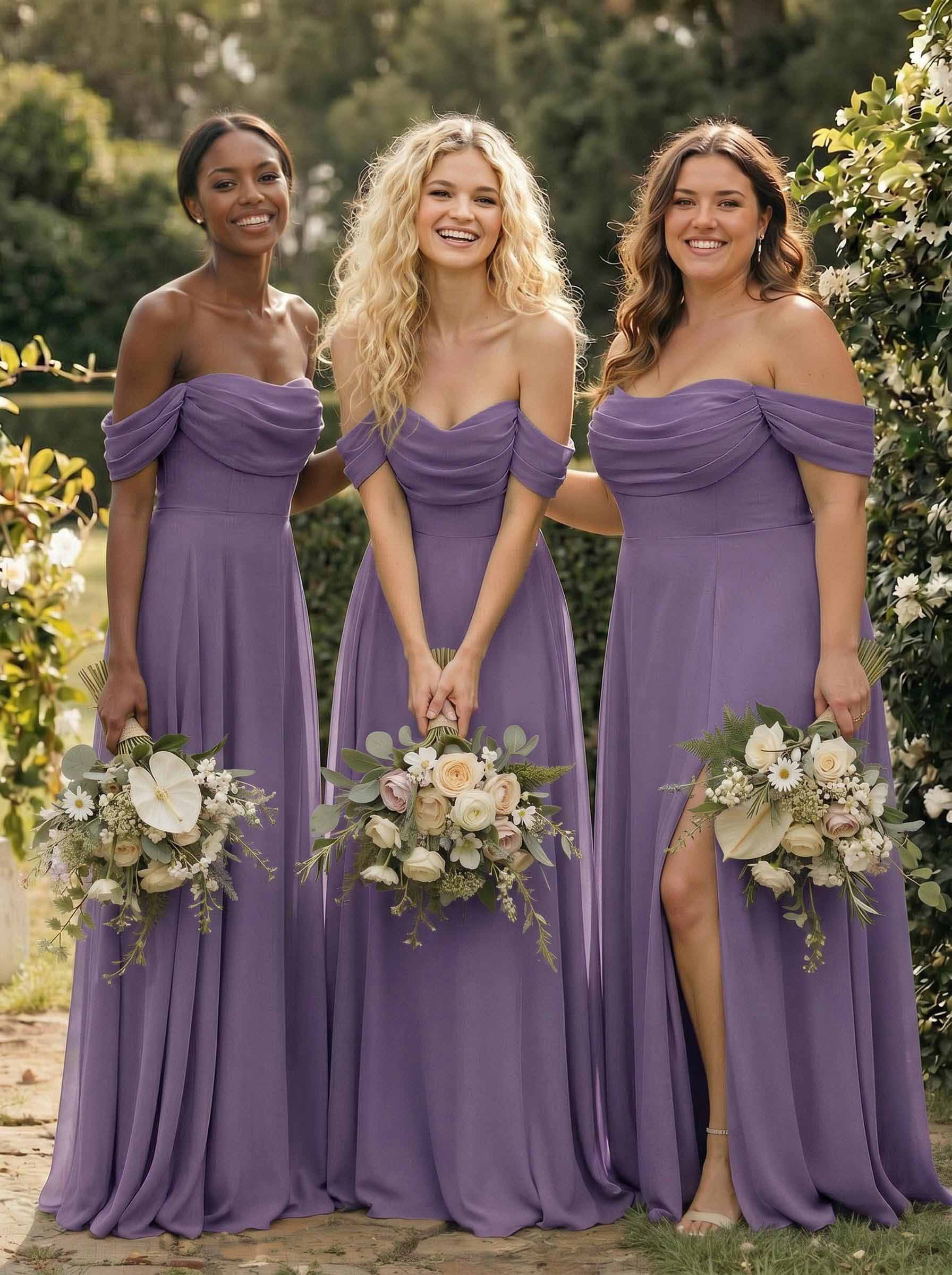 A-Line Off-The-Shoulder Sleeveless Floor-Length Chiffon Bridesmaid Dresses With Split Front, product image 100
