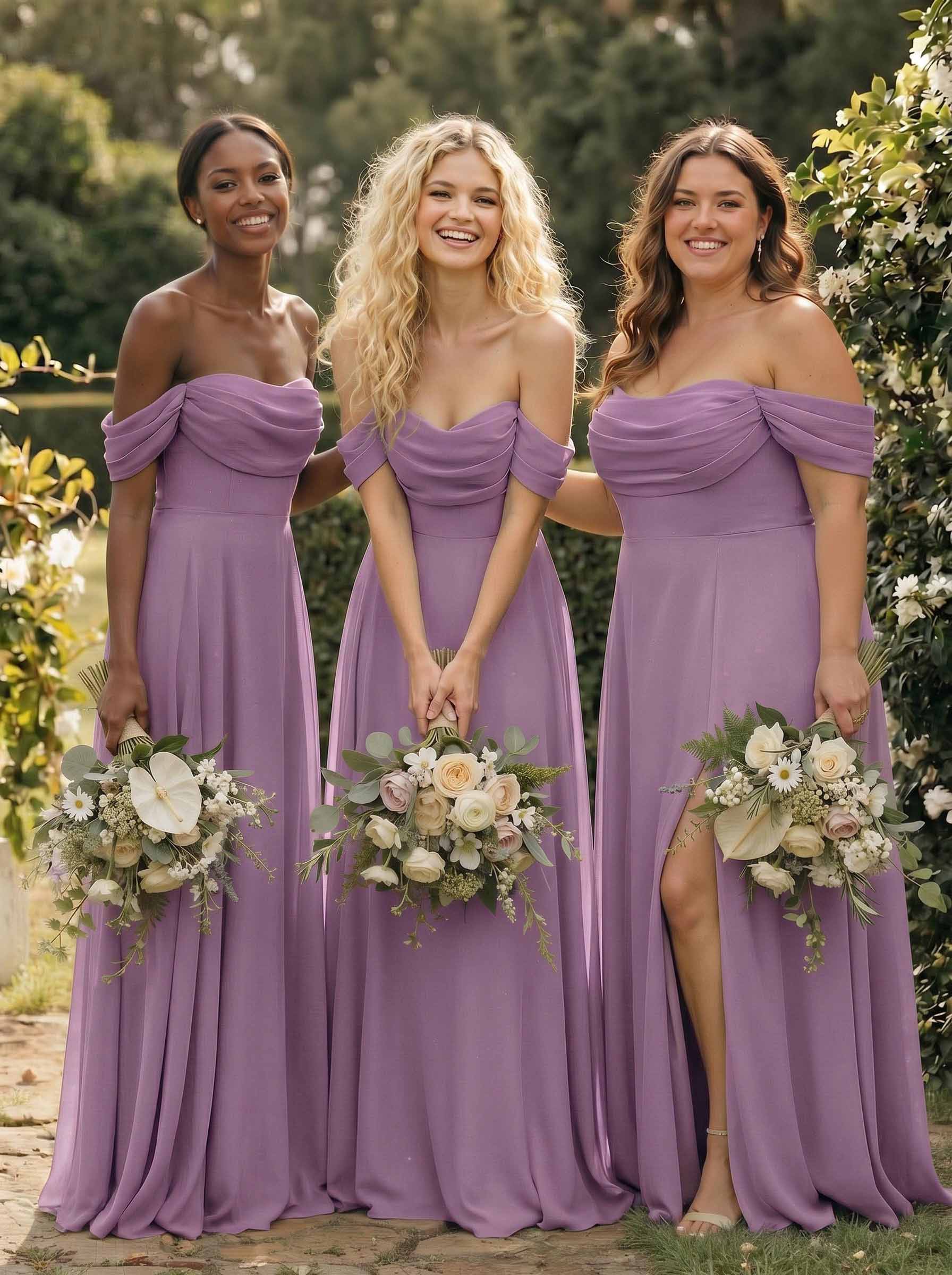 A-Line Off-The-Shoulder Sleeveless Floor-Length Chiffon Bridesmaid Dresses With Split Front, product image 85