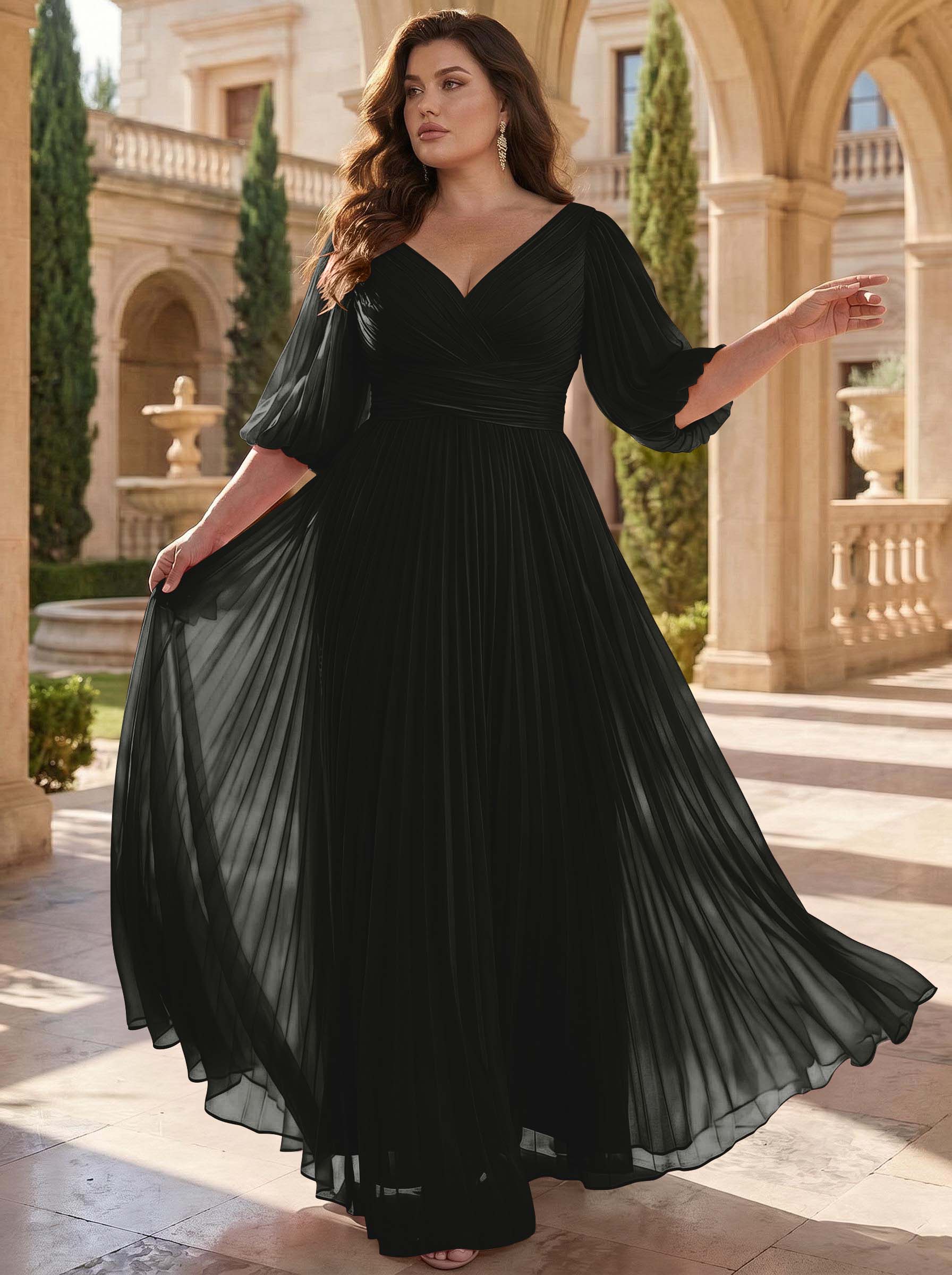 A-Line V-Neck 1/2 Sleeves Chiffon Mother Of The Bride Dresses With Pleated