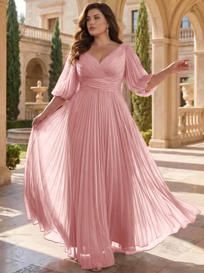 A-Line V-Neck 1/2 Sleeves Chiffon Mother Of The Bride Dresses With Pleated
