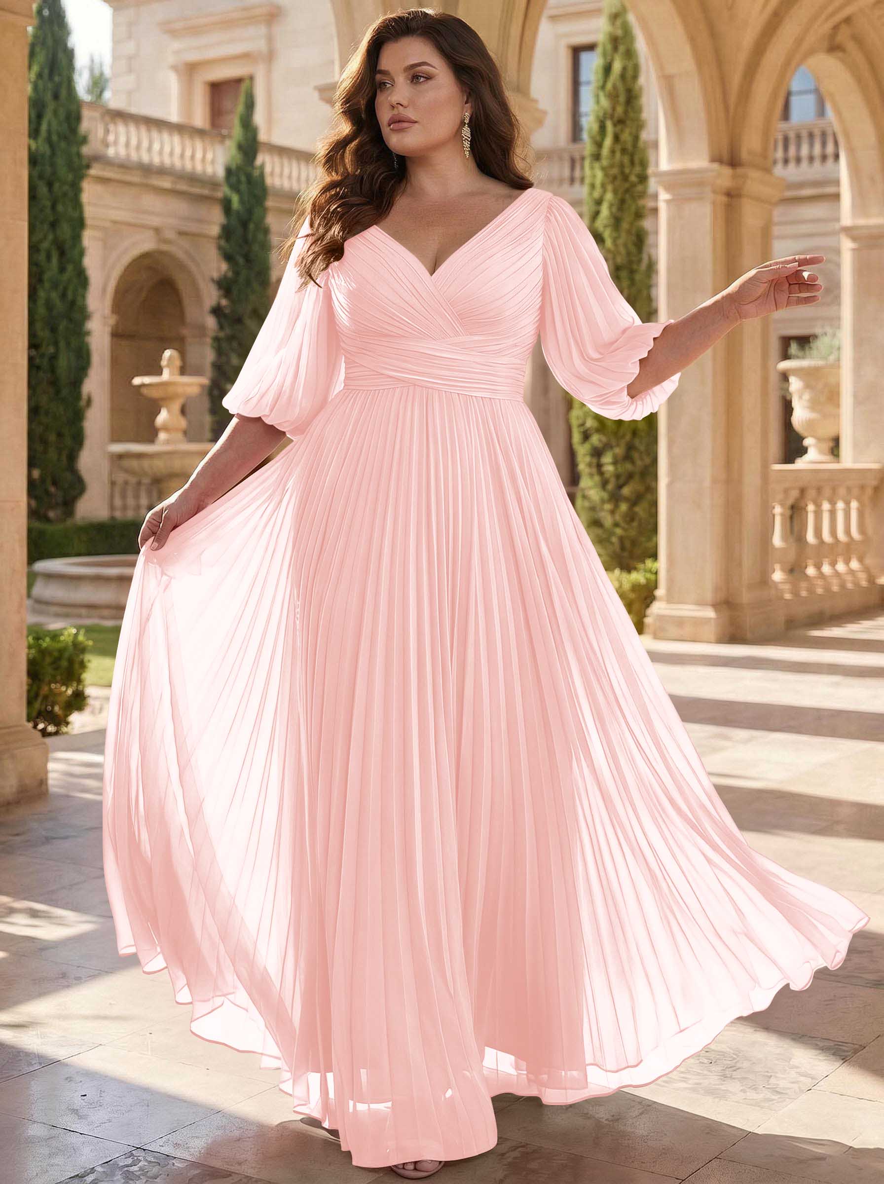 A-Line V-Neck 1/2 Sleeves Chiffon Mother Of The Bride Dresses With Pleated