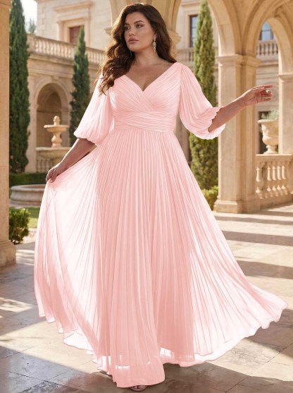 A-Line V-Neck 1/2 Sleeves Chiffon Mother Of The Bride Dresses With Pleated
