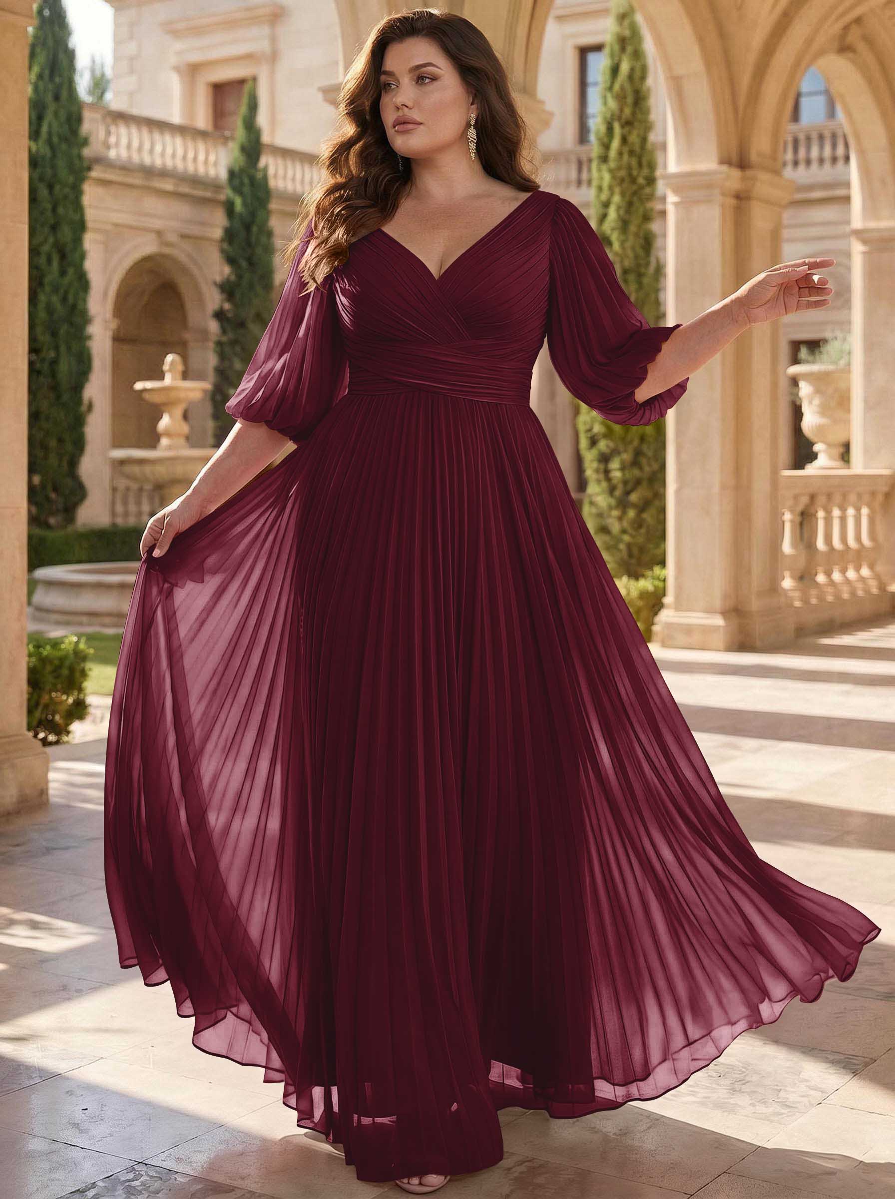 A-Line V-Neck 1/2 Sleeves Chiffon Mother Of The Bride Dresses With Pleated