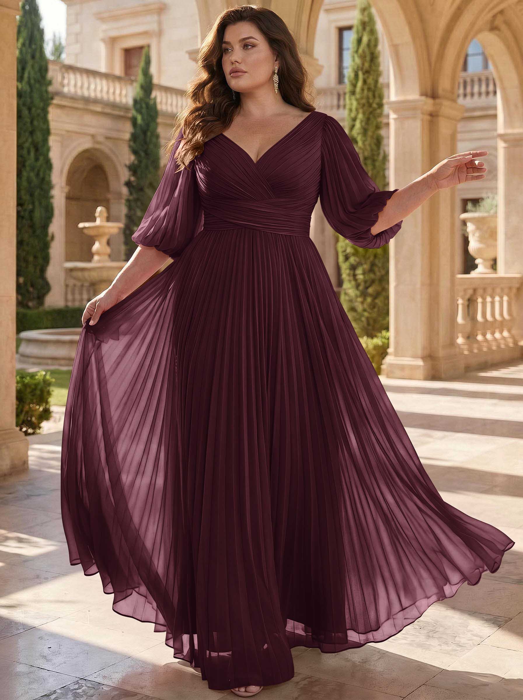 A-Line V-Neck 1/2 Sleeves Chiffon Mother Of The Bride Dresses With Pleated
