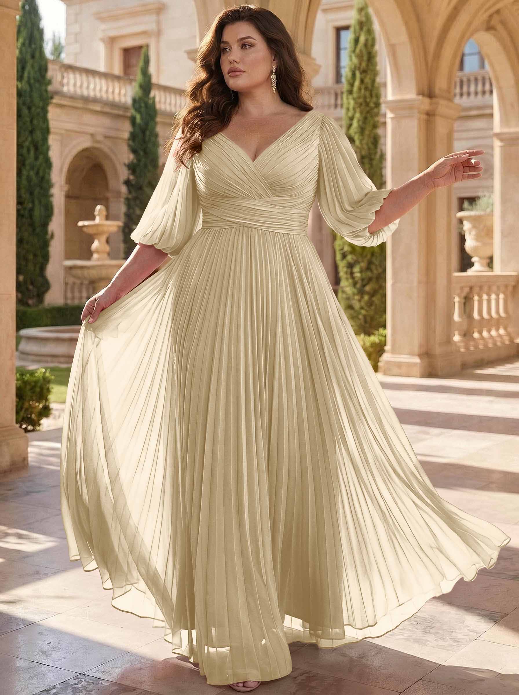 A-Line V-Neck 1/2 Sleeves Chiffon Mother Of The Bride Dresses With Pleated