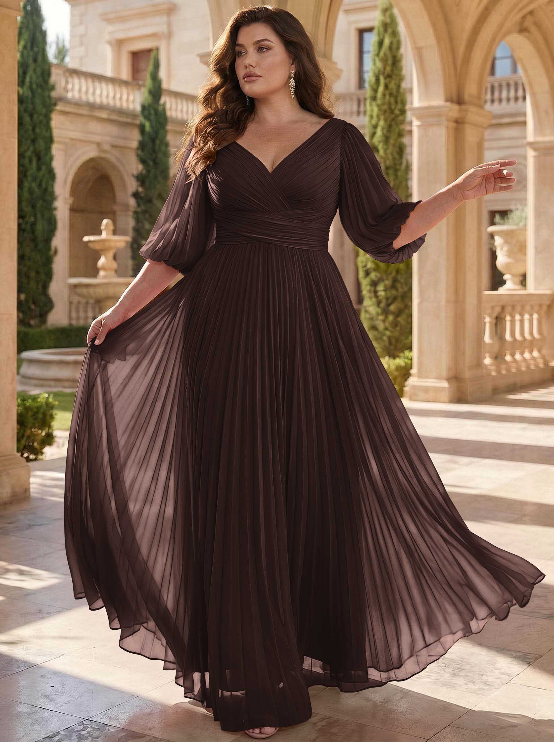 A-Line V-Neck 1/2 Sleeves Chiffon Mother Of The Bride Dresses With Pleated
