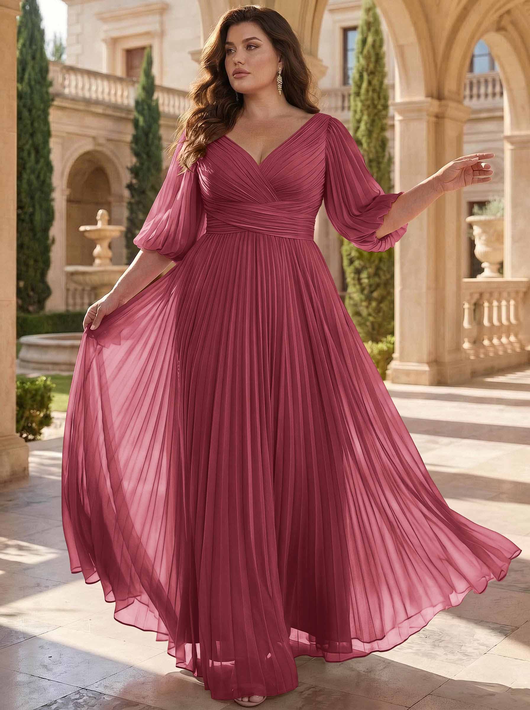 A-Line V-Neck 1/2 Sleeves Chiffon Mother Of The Bride Dresses With Pleated