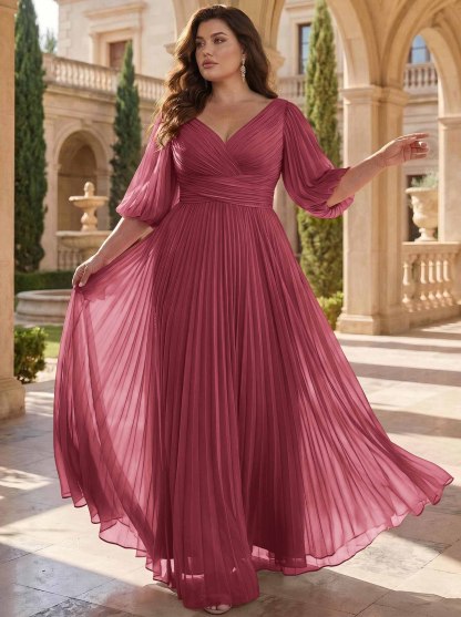 A-Line V-Neck 1/2 Sleeves Chiffon Mother Of The Bride Dresses With Pleated