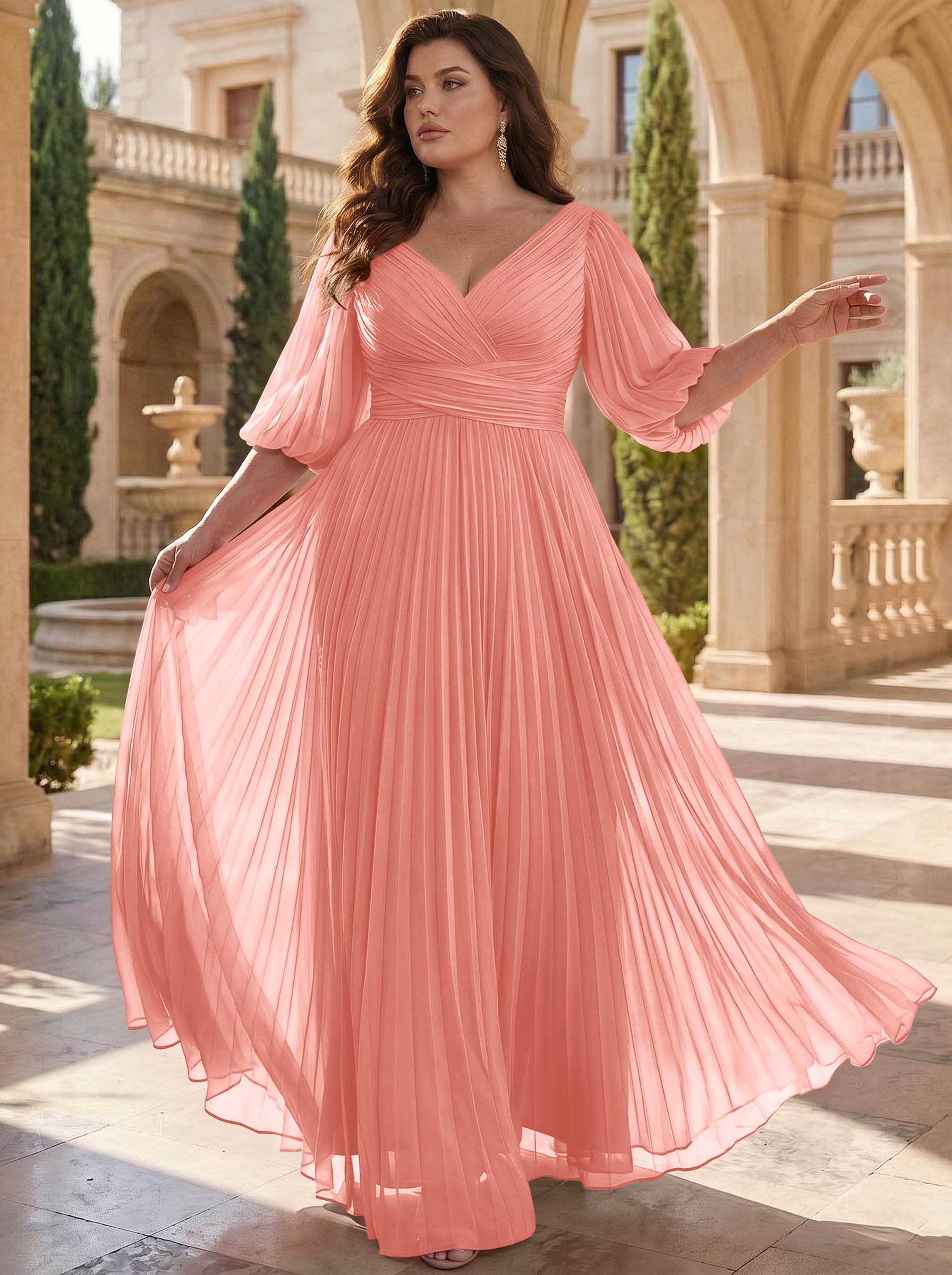 A-Line V-Neck 1/2 Sleeves Chiffon Mother Of The Bride Dresses With Pleated