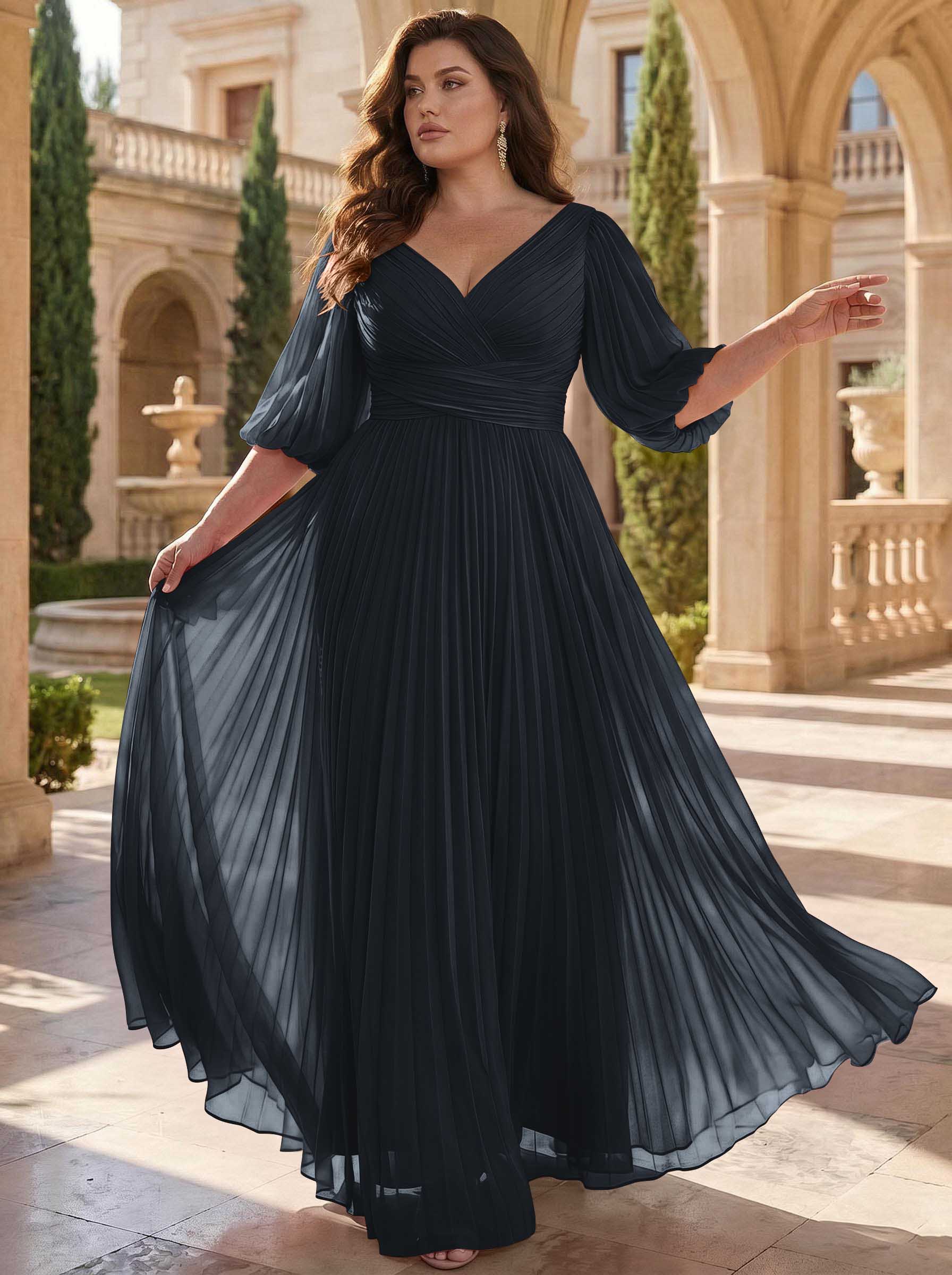A-Line V-Neck 1/2 Sleeves Chiffon Mother Of The Bride Dresses With Pleated
