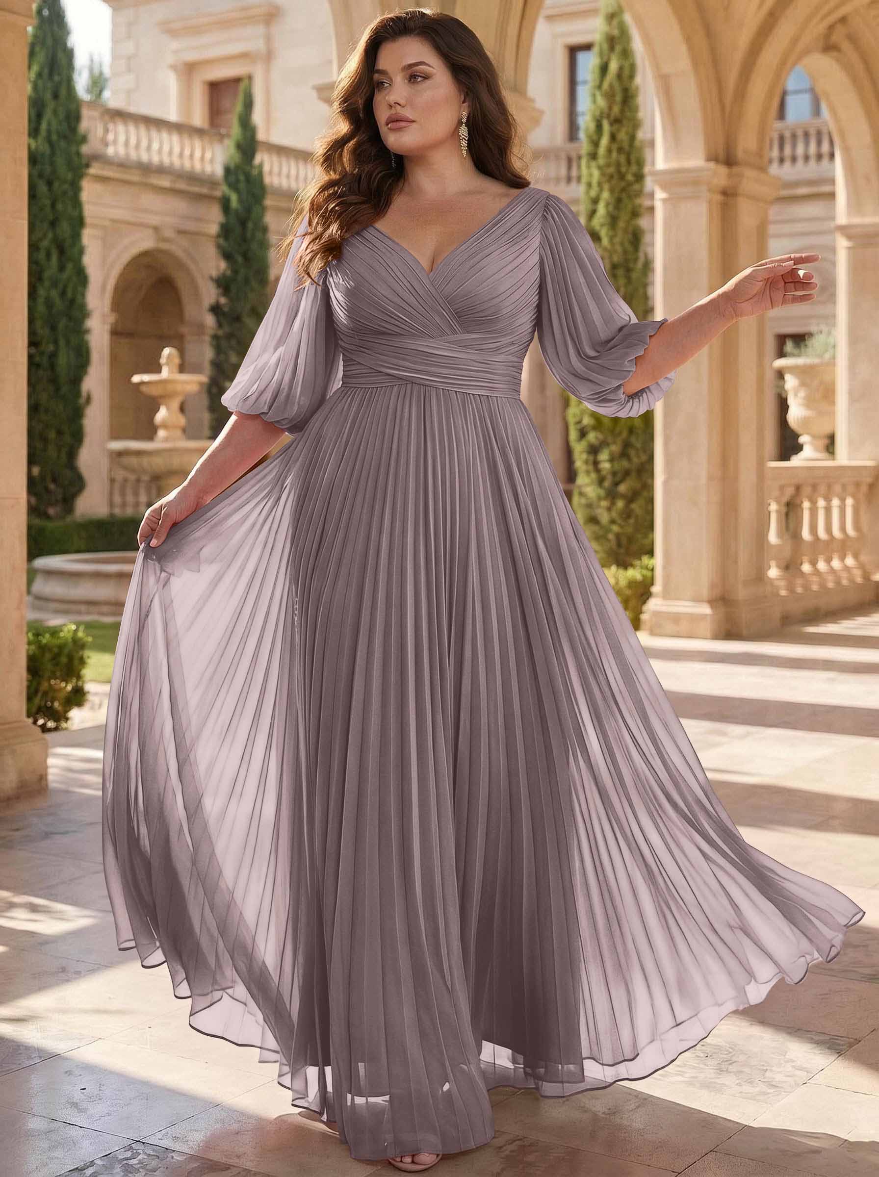 A-Line V-Neck 1/2 Sleeves Chiffon Mother Of The Bride Dresses With Pleated