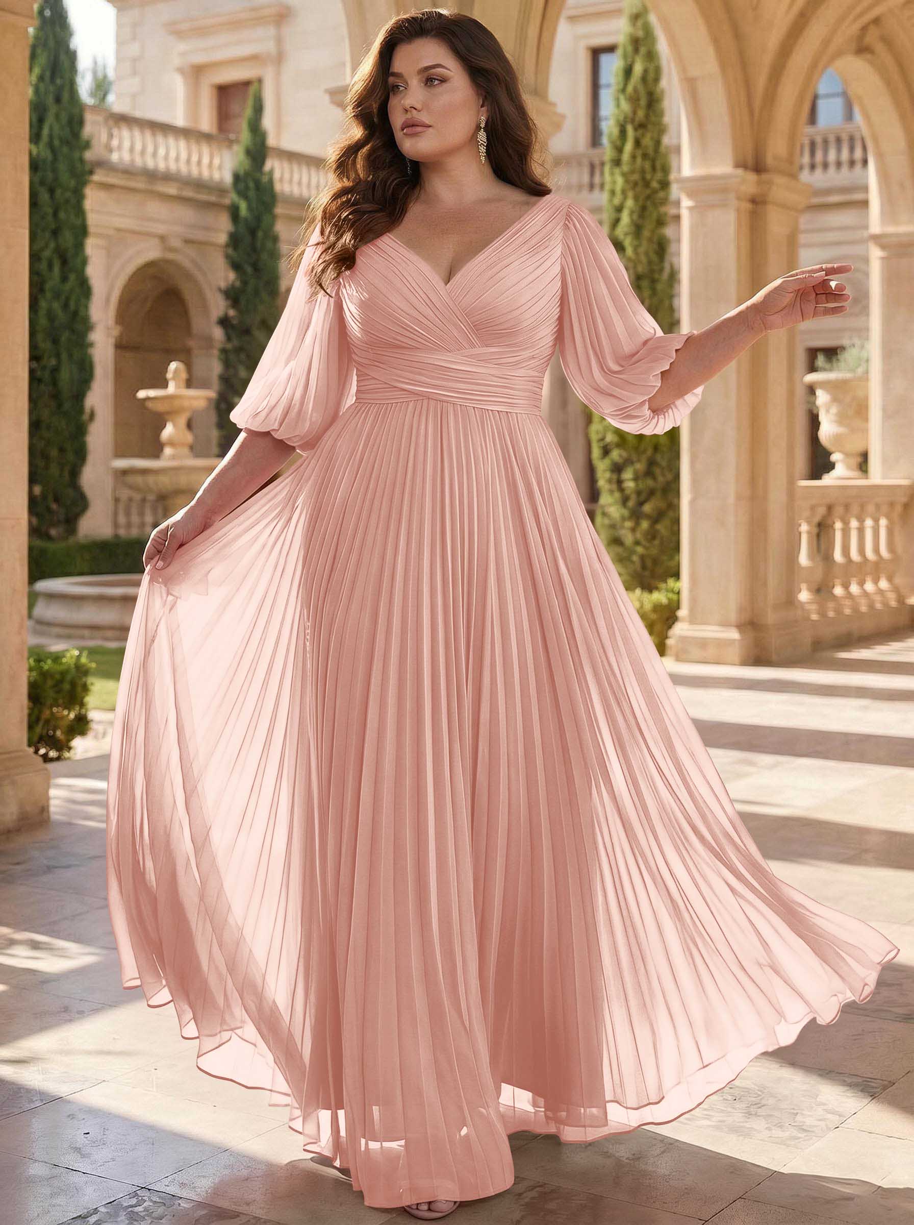 A-Line V-Neck 1/2 Sleeves Chiffon Mother Of The Bride Dresses With Pleated