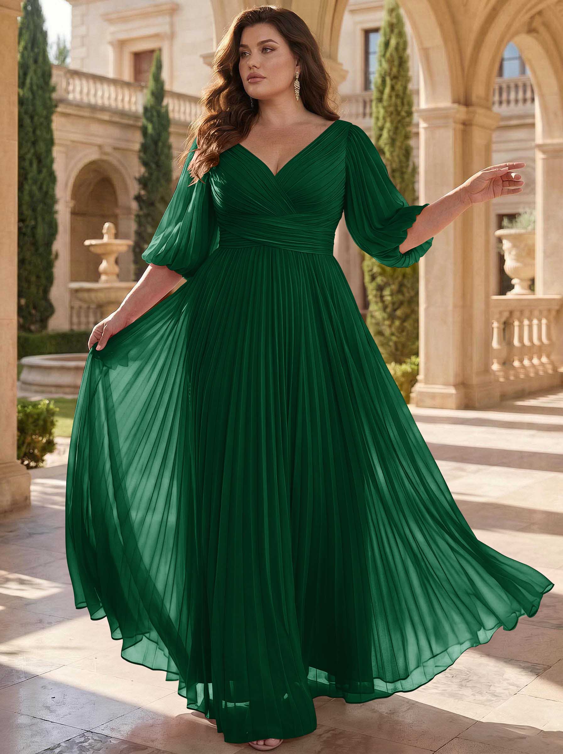 A-Line V-Neck 1/2 Sleeves Chiffon Mother Of The Bride Dresses With Pleated