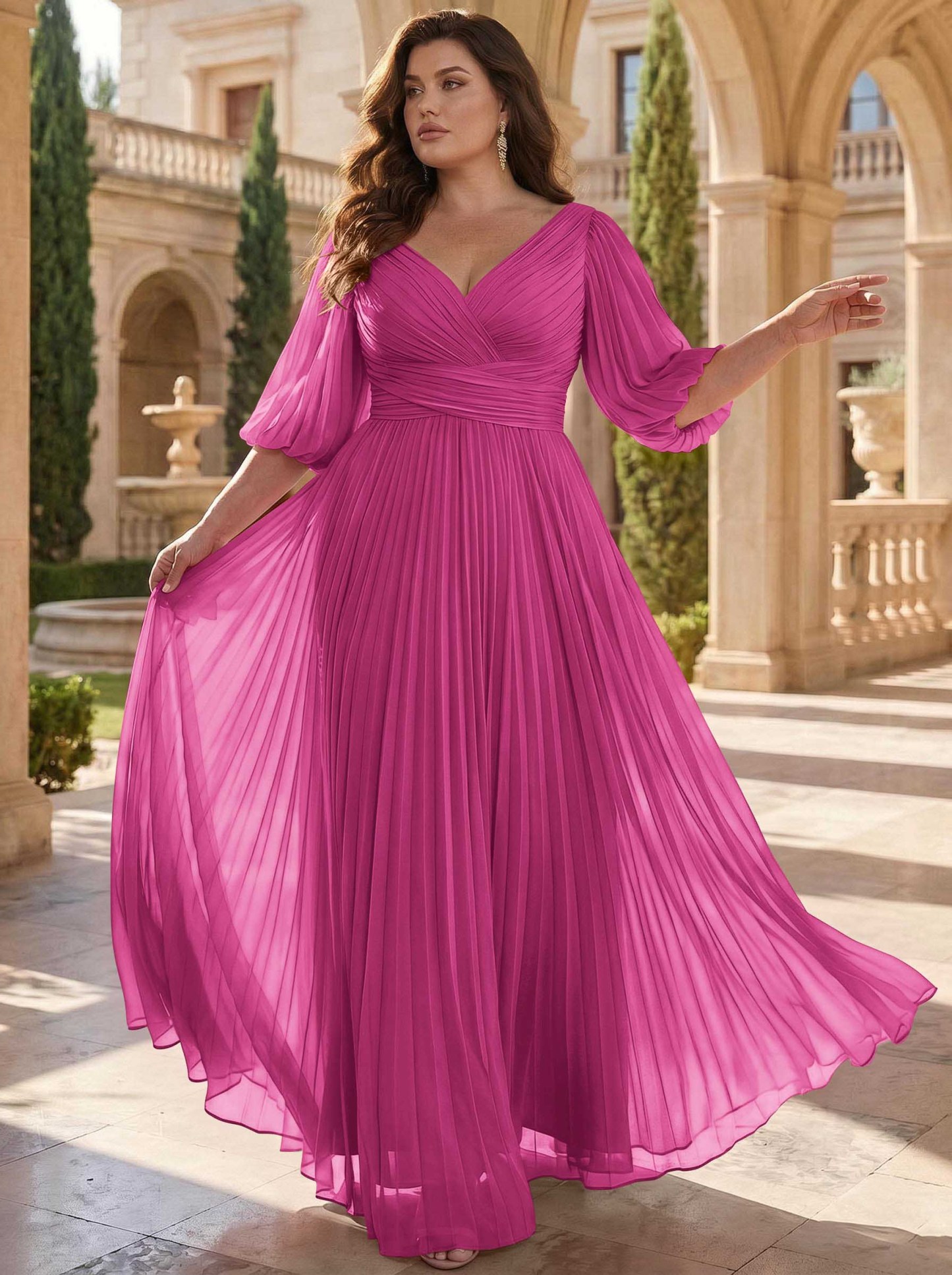 A-Line V-Neck 1/2 Sleeves Chiffon Mother Of The Bride Dresses With Pleated