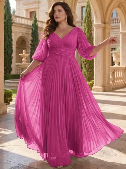 A-Line V-Neck 1/2 Sleeves Chiffon Mother Of The Bride Dresses With Pleated