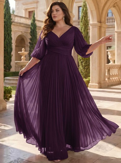 A-Line V-Neck 1/2 Sleeves Chiffon Mother Of The Bride Dresses With Pleated