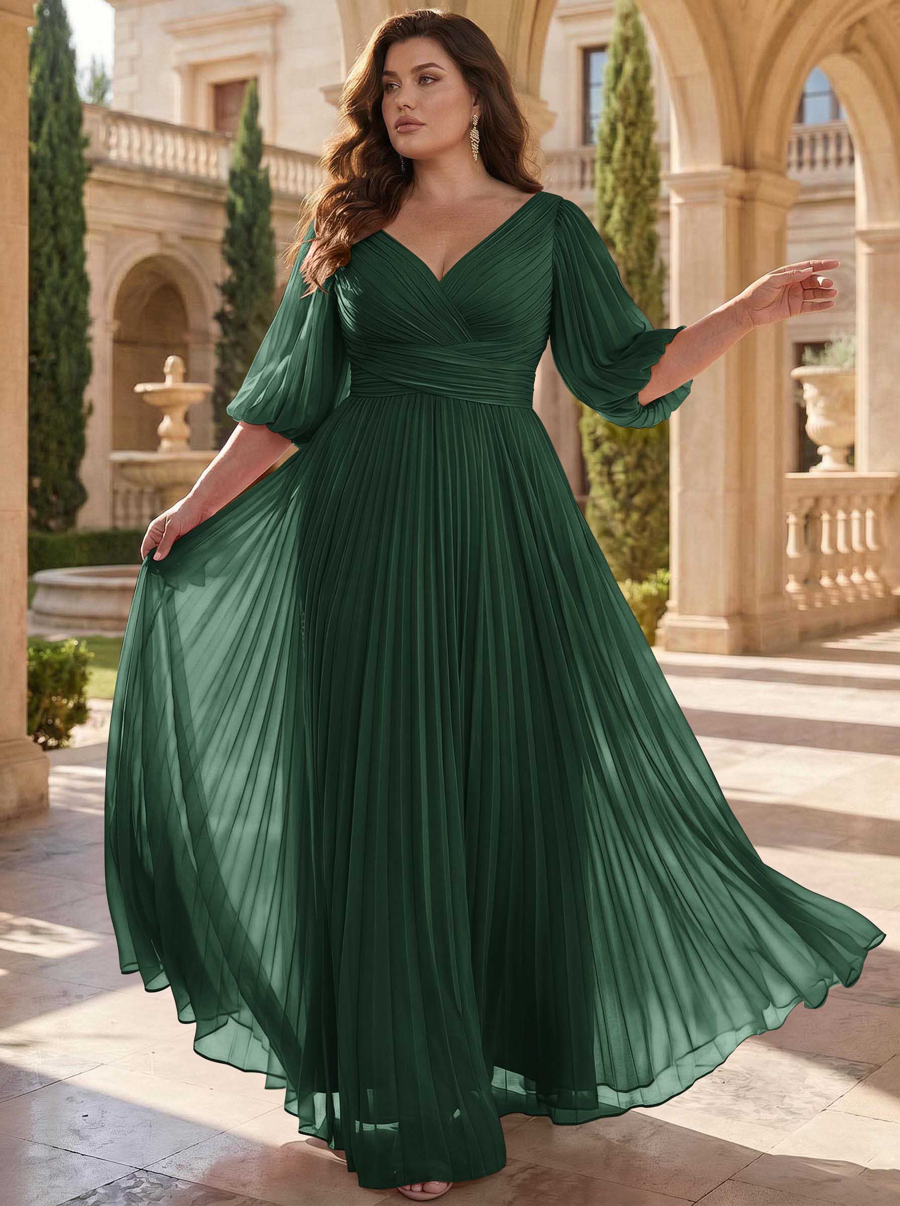 A-Line V-Neck 1/2 Sleeves Chiffon Mother Of The Bride Dresses With Pleated