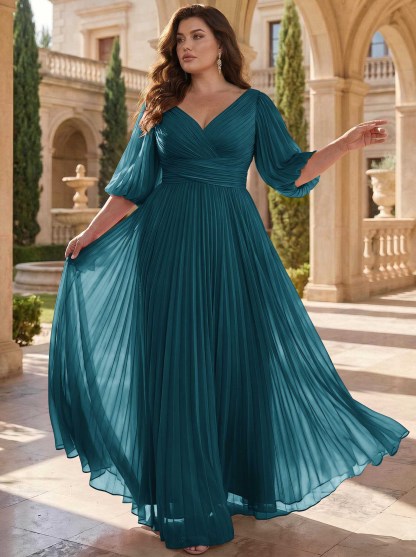 A-Line V-Neck 1/2 Sleeves Chiffon Mother Of The Bride Dresses With Pleated