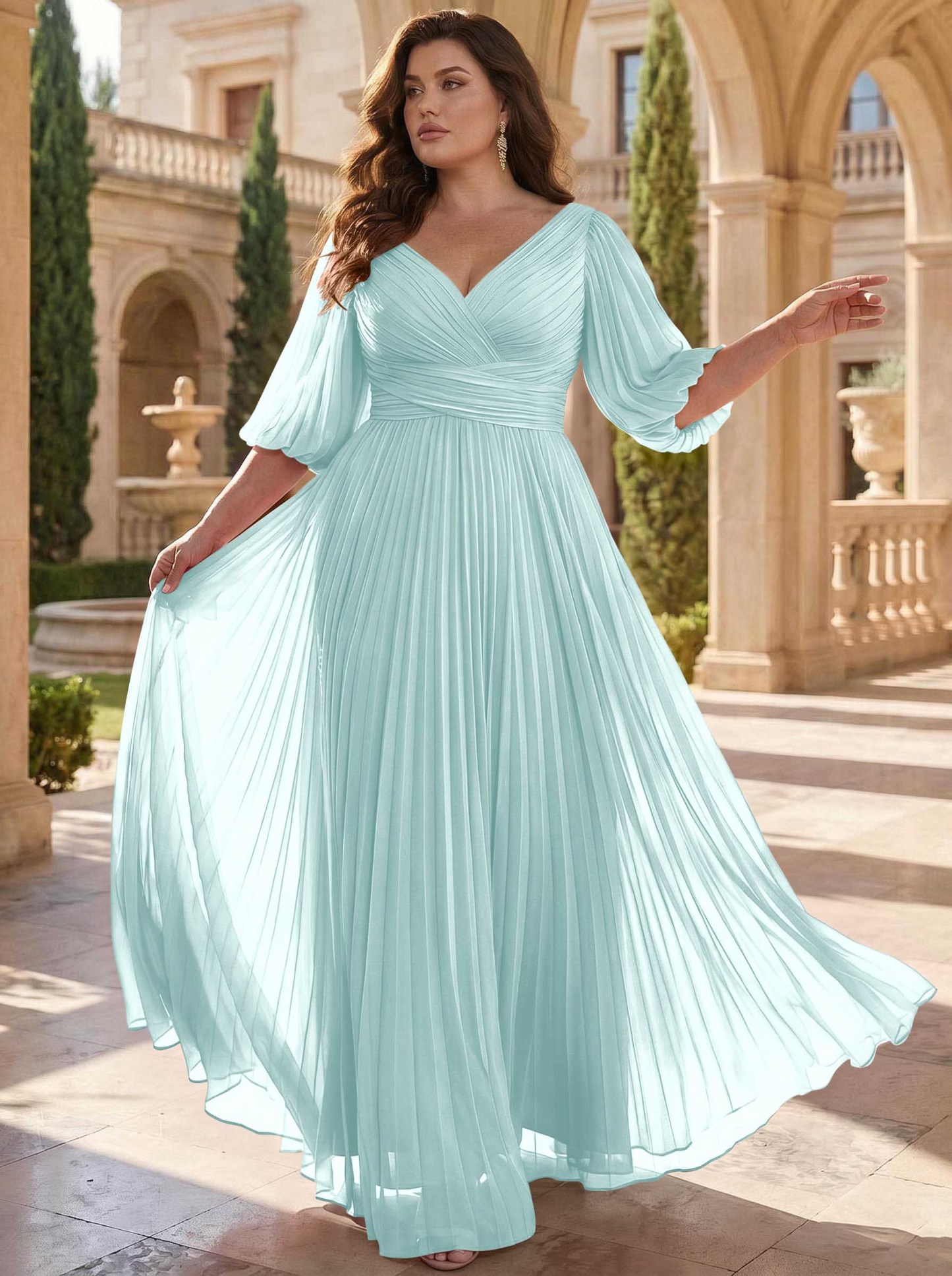 A-Line V-Neck 1/2 Sleeves Chiffon Mother Of The Bride Dresses With Pleated