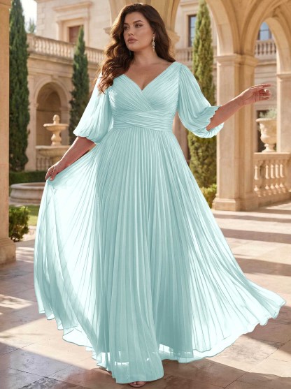 A-Line V-Neck 1/2 Sleeves Chiffon Mother Of The Bride Dresses With Pleated