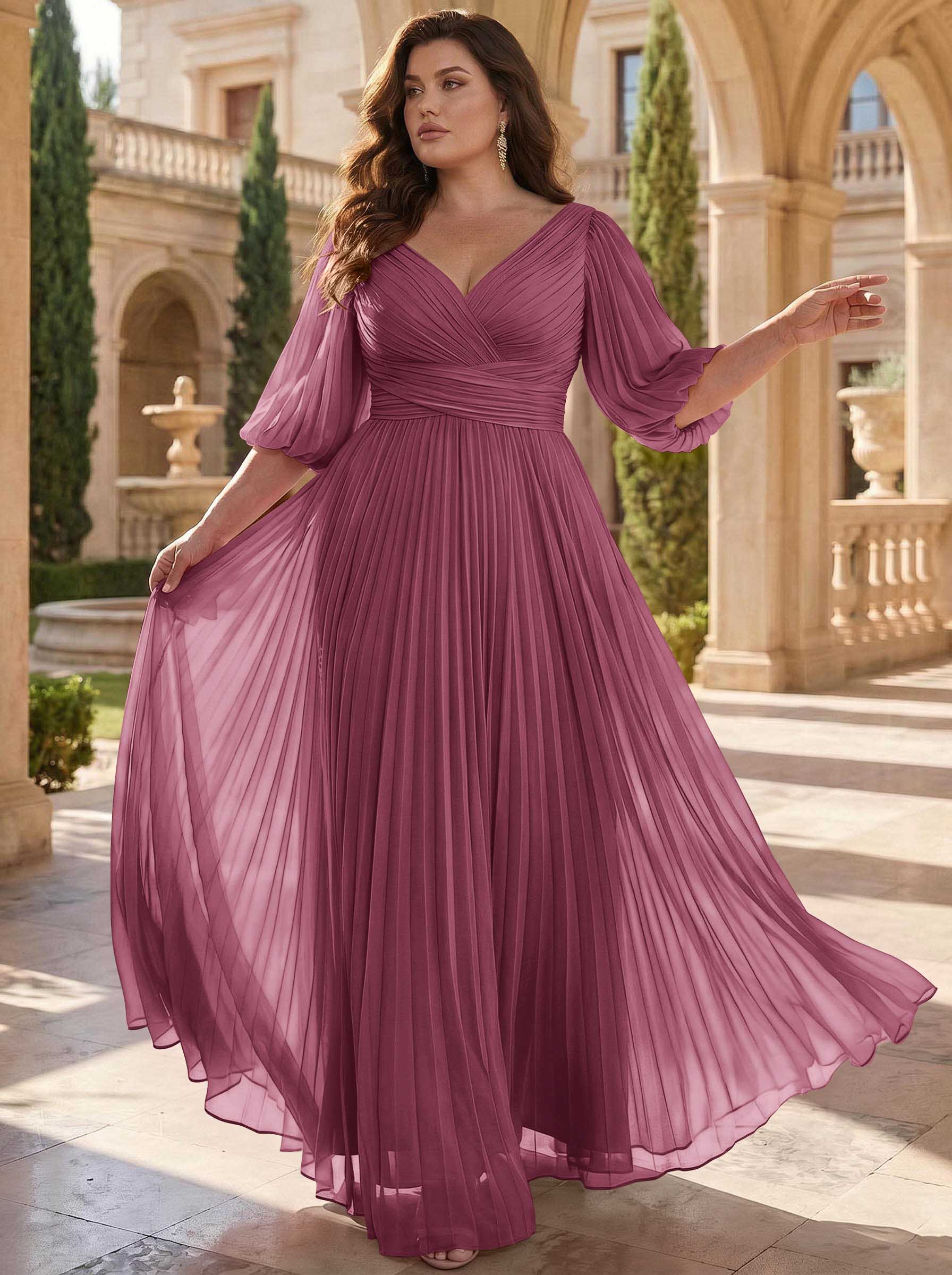 A-Line V-Neck 1/2 Sleeves Chiffon Mother Of The Bride Dresses With Pleated