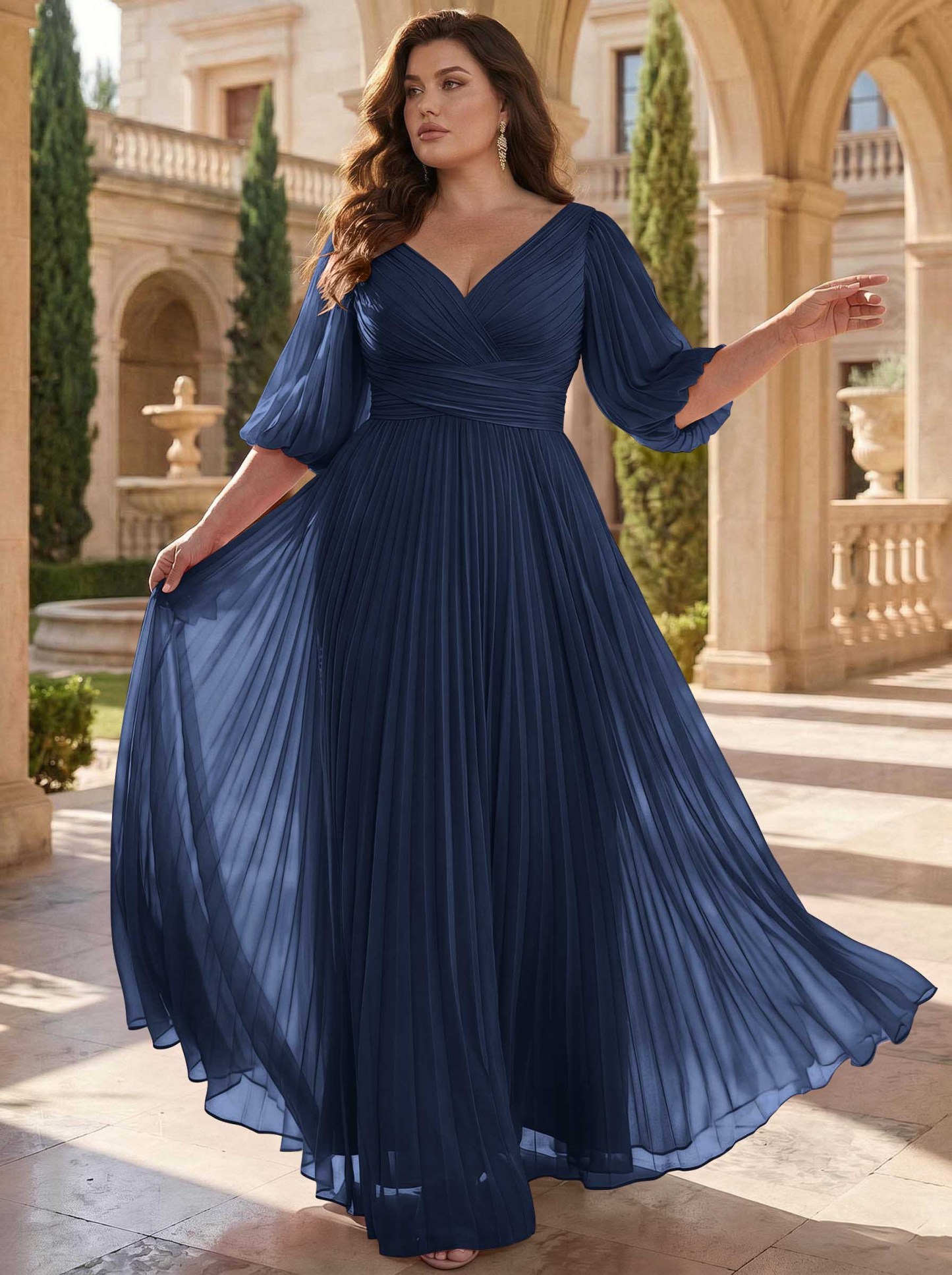 A-Line V-Neck 1/2 Sleeves Chiffon Mother Of The Bride Dresses With Pleated