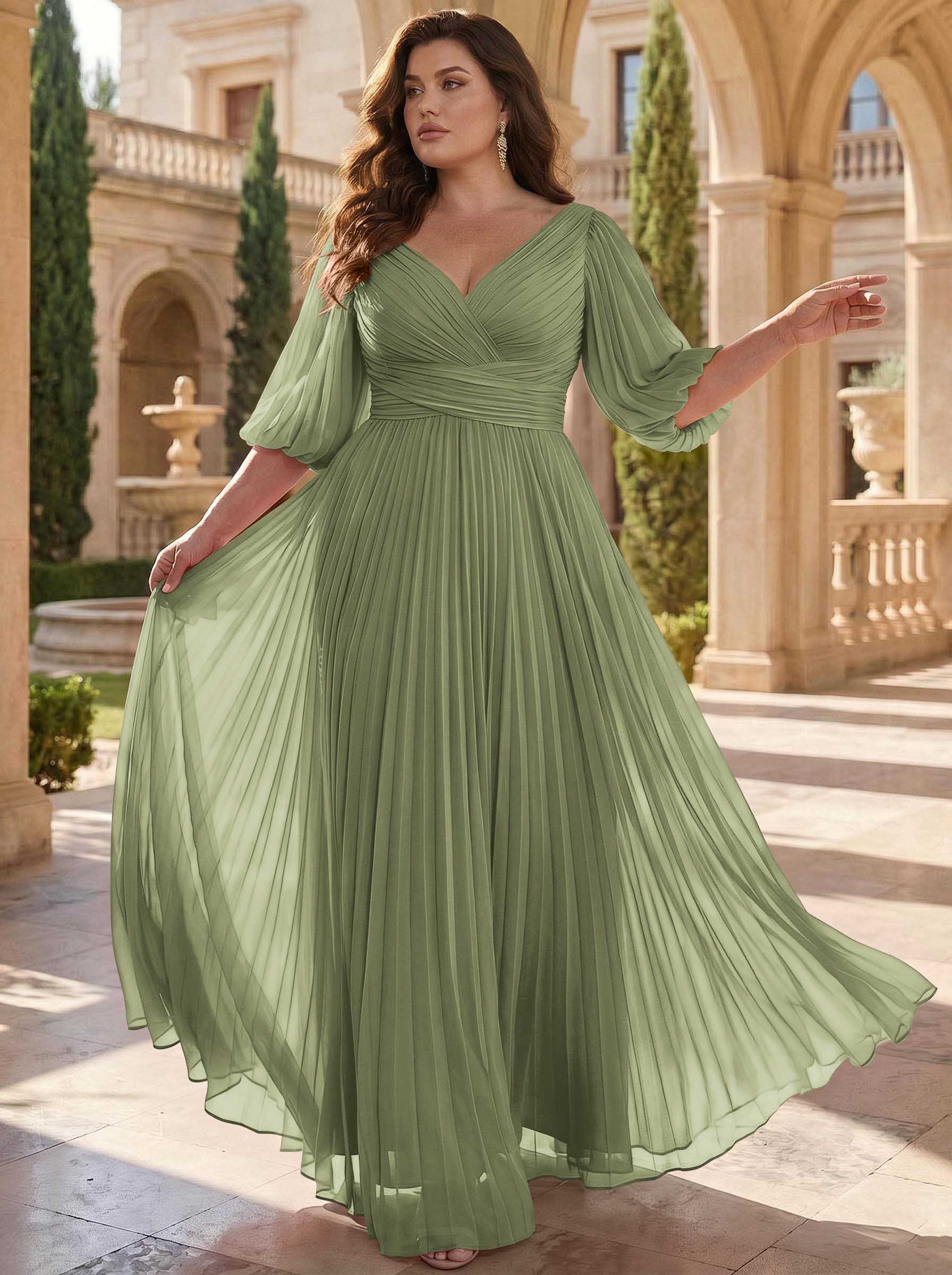 A-Line V-Neck 1/2 Sleeves Chiffon Mother Of The Bride Dresses With Pleated