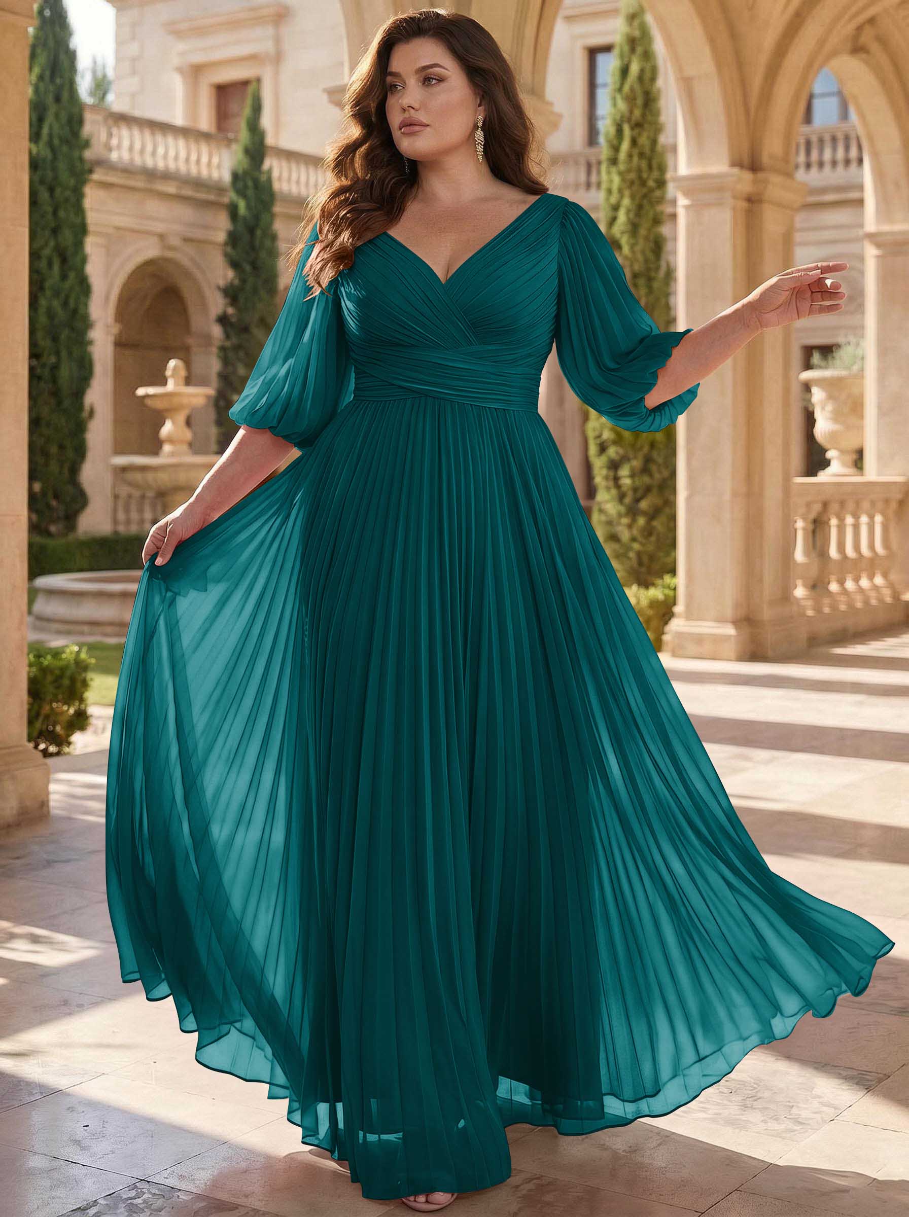 A-Line V-Neck 1/2 Sleeves Chiffon Mother Of The Bride Dresses With Pleated